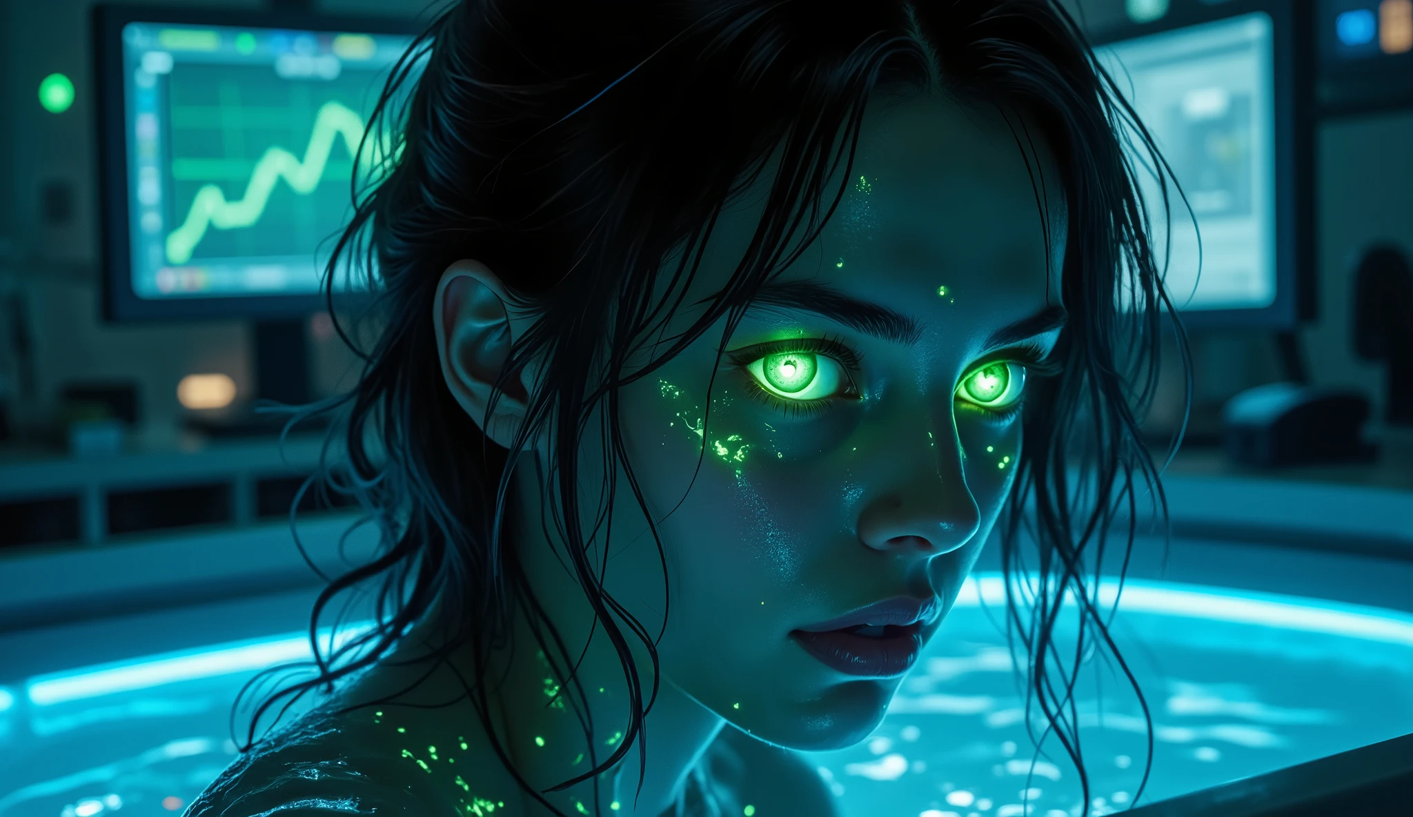 A close-up shot of the hybrid protagonist waking up for the first time. She has black hair with neon green highlights, and her eyes glow intensely with green light. Her skin has a semi-scaled texture with faint neon green patterns beneath the surface. She emerges from a glowing blue tank, dripping with liquid, and looks around with a mix of confusion and awe. The lab is dark, with glowing monitors and advanced equipment surrounding her, creating an otherworldly atmosphere.