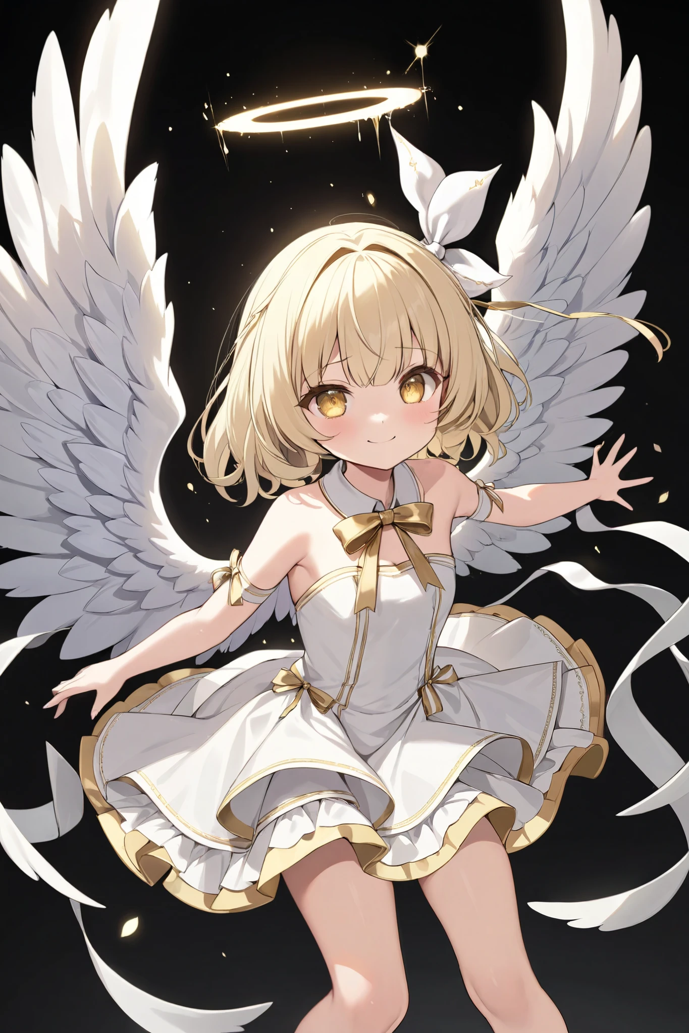 1girl angel, fullbody mor, cute, NOT ECHI. high quality and masterpiece. 4k detailed quality, detailed eyes, white with golden details innocent dress, angel wings and halo mysterious smile, mysterious and dangerous eyes. Golden misty eyes with murderous intent. Shes wearing a white innocent ribbon on her platinum blond hair. Mischevious smile. Excluding dangerous aura. Angel wings scatters around with Black blank background