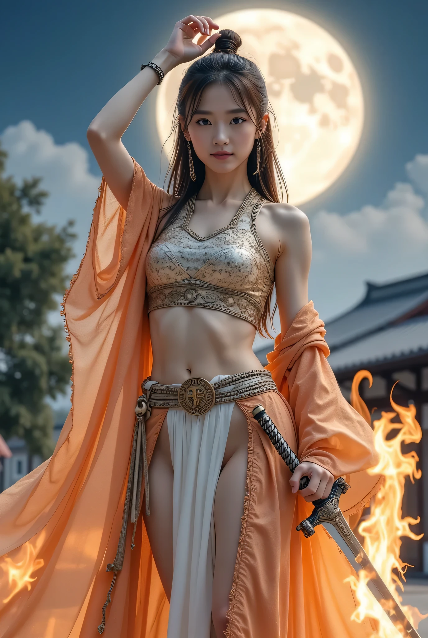 (8k, top quality, Masterpiece), ( by Nomi , photo by Nomi : 1.37), very detailed , one girl , { phoenix night} , Night at the University of Tokyo 、 My chest shakes a lot , Very Delicate Depiction , Armor made with miniature paint 、 by Nomi Armor that combines intricately patterned chains and kimonos that combine elements with fantastic elements , correct skeleton, Wear Intricate Patterned Armor , Braided Chain , Delicate Sword of Fire 、 Raise One Hand Over Your Head 、 Like a dream,Super by Nomi mixed fantasy world , combination of by Nomi and fantastic elements ( Swirling Fire Cloak :1)、 staring at the camera 、 Align the moon with the palm of your hand