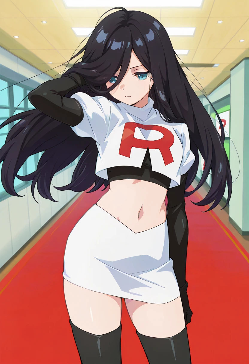 bambietta basterbine, hat, long hair, black hair, (black eyes:1.5), ,glossy lips, light makeup, eye shadow, earrings ,team rocket,team rocket uniform, red letter R, white skirt,white crop top,black thigh-high boots, black elbow gloves,