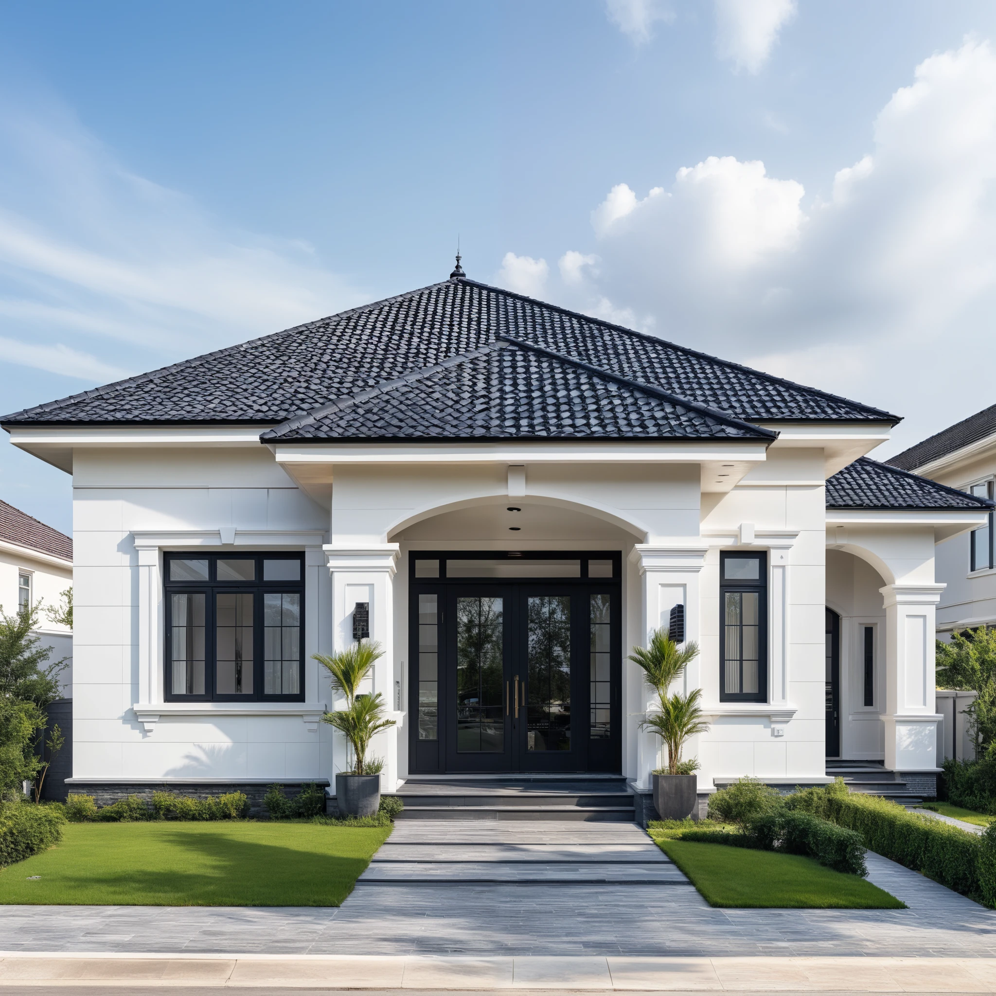 (masterpiece:1.2), best quality, photo of A two-story modern house with white walls and dark tiles on the roof, tree and plant, streetcapes, natural light, The exterior of an elegant single family home features large windows, a dark gray door frame.