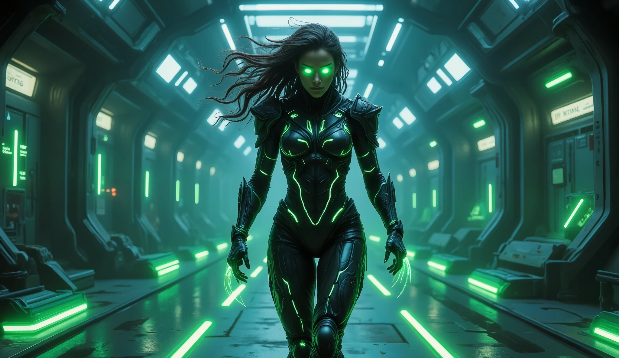 The hybrid protagonist trains in a high-tech facility, showcasing her new abilities. In one sequence, she sprints at superhuman speed, leaving behind glowing green trails. In another, she regenerates from injuries, her wounds closing rapidly with neon green energy. Finally, she adapts to alien environments, her semi-scaled skin shifting colors to blend in. She wears black armor with neon blue accents, and her glowing green eyes pierce through the darkness. The training area is sleek and futuristic, with holographic targets and biomechanical obstacles.