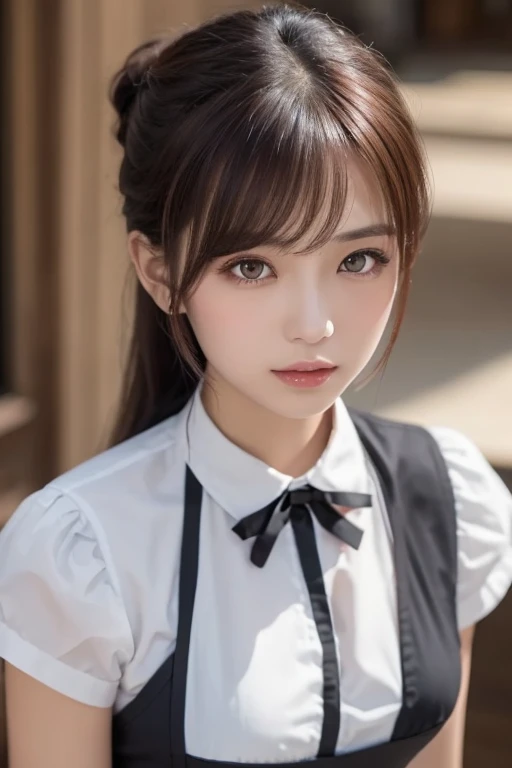 (top-quality,masterpiece:1.3,超A high resolution,),(ultra-detailliert,Caustics),(Photorealsitic:1.4,RAW shooting,)Ultra-realistic capture,A highly detailed,High resolution 16K human skin close-up。 Skin texture is natural、,The pores are、Must be detailed enough to be easy to identify。 Skin should look healthy with even tones。 Use natural light and color,resturant,(Waitress uniform:1,3),1人,japanes,18year old,kawaii,A dark-haired,Middle hair,(large boob:1.2),smil,Turn your body to the front,(front-facing view:1.2),Looking at the camera,FULL BODYSHOT:1.2,Gaze,