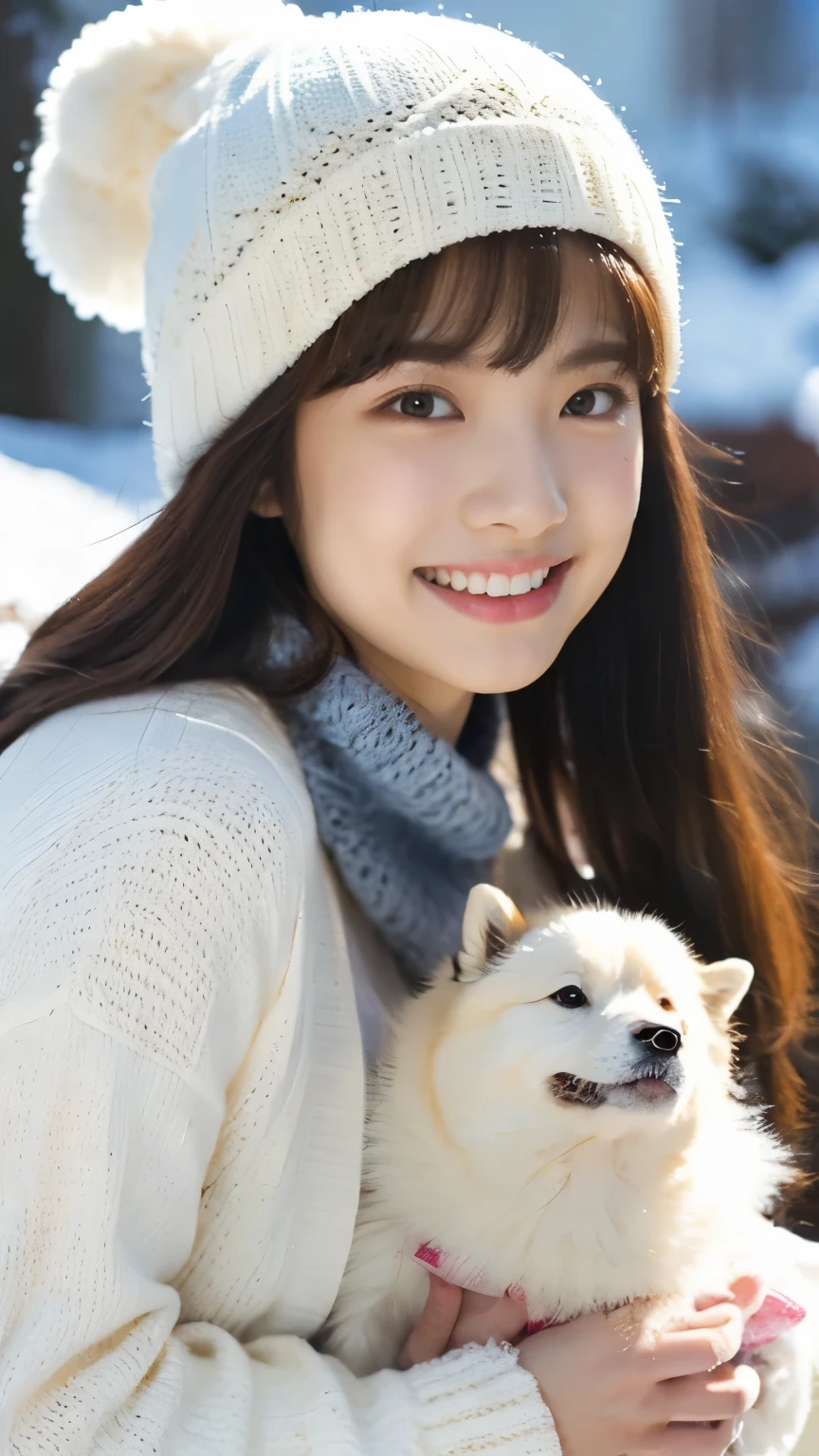 1 girl, solo, Hi-Res, long hair, glances, smiles, bangs, top quality, anatomically correct, In the snow、play、Overlooking, A cute white Samoyed dog wearing a knitted hat