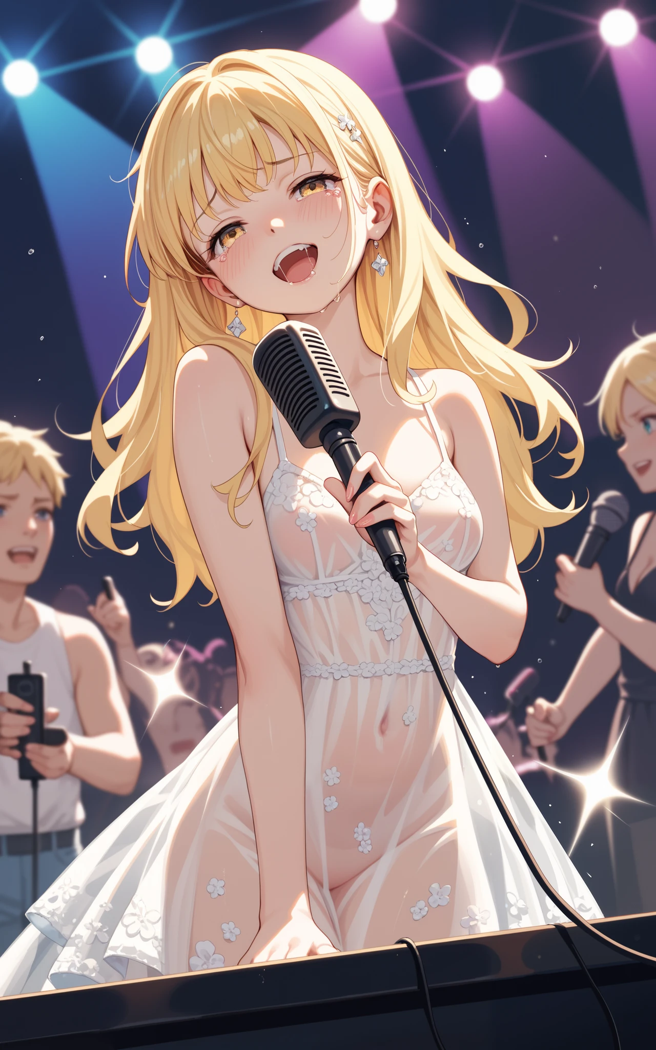 アイドル, clubbing, cry, sobbing, bashfulness, shame, nude, microphone, clothing audience, yellow hair, see-through dress