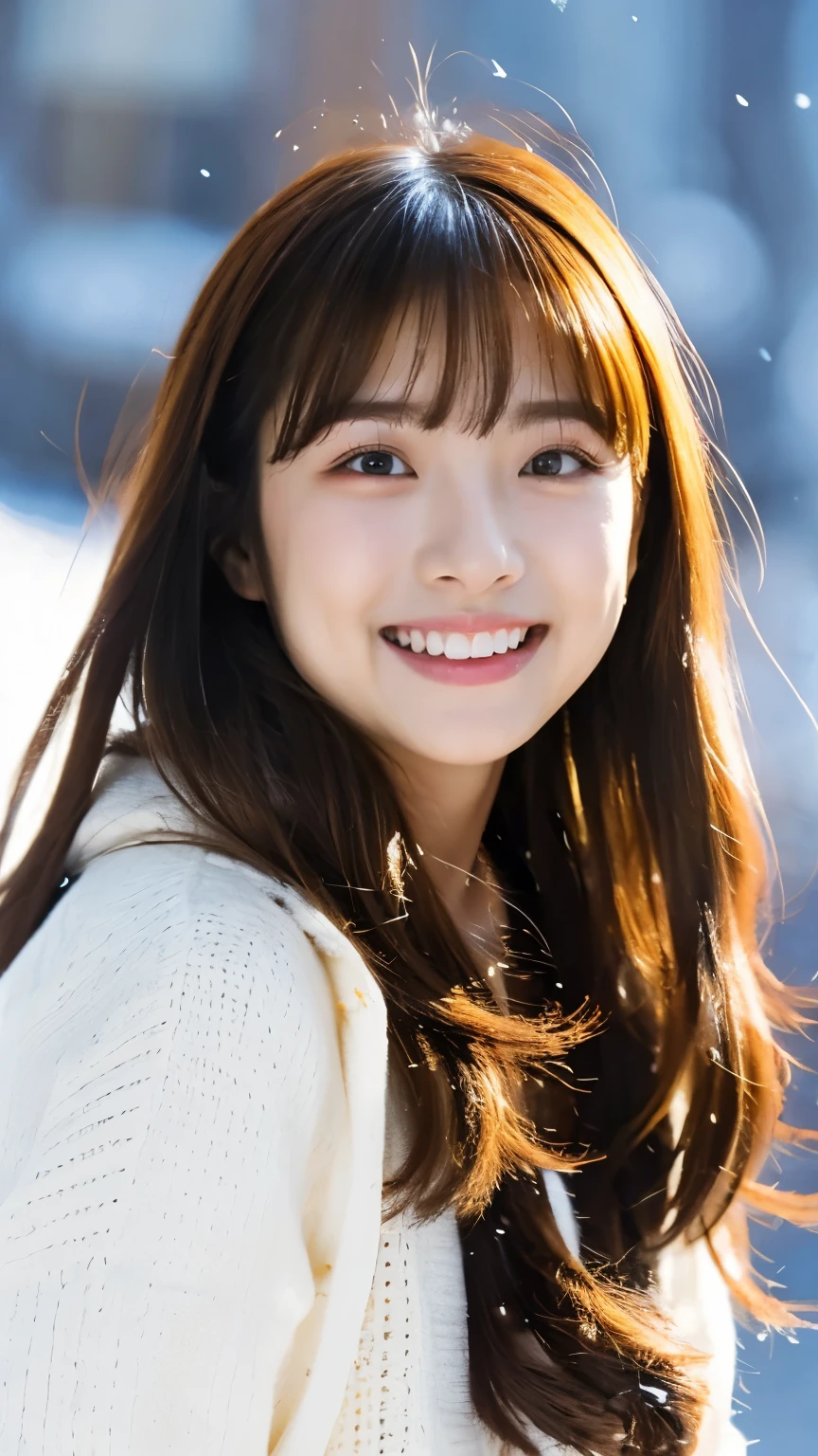 1 girl, solo, Hi-Res, long hair, glances, smiles, bangs, top quality, anatomically correct, In the snow、play、