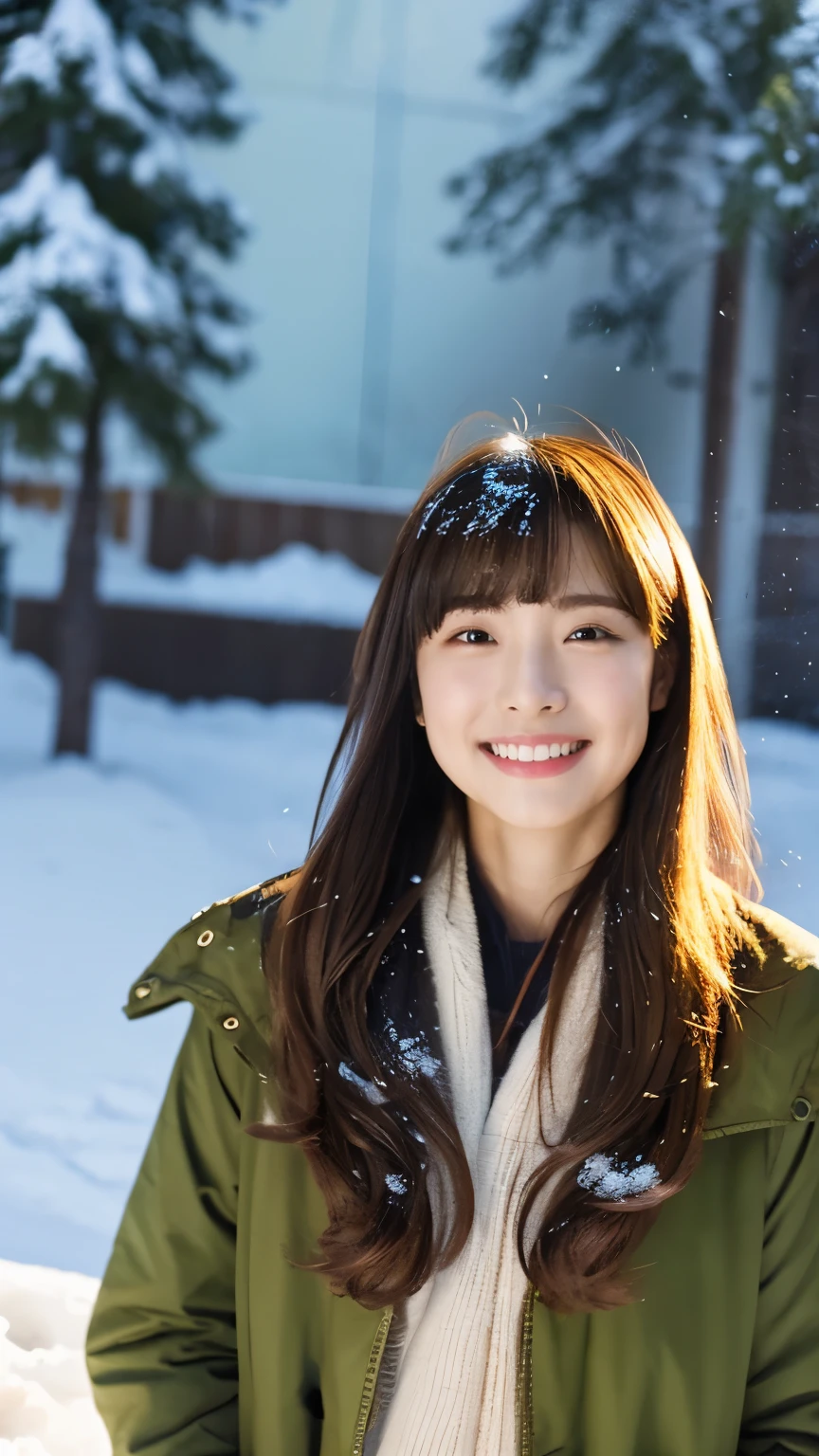 1 girl, solo, Hi-Res, long hair, glances, smiles, bangs, top quality, anatomically correct, In the snow、play、Overlooking,