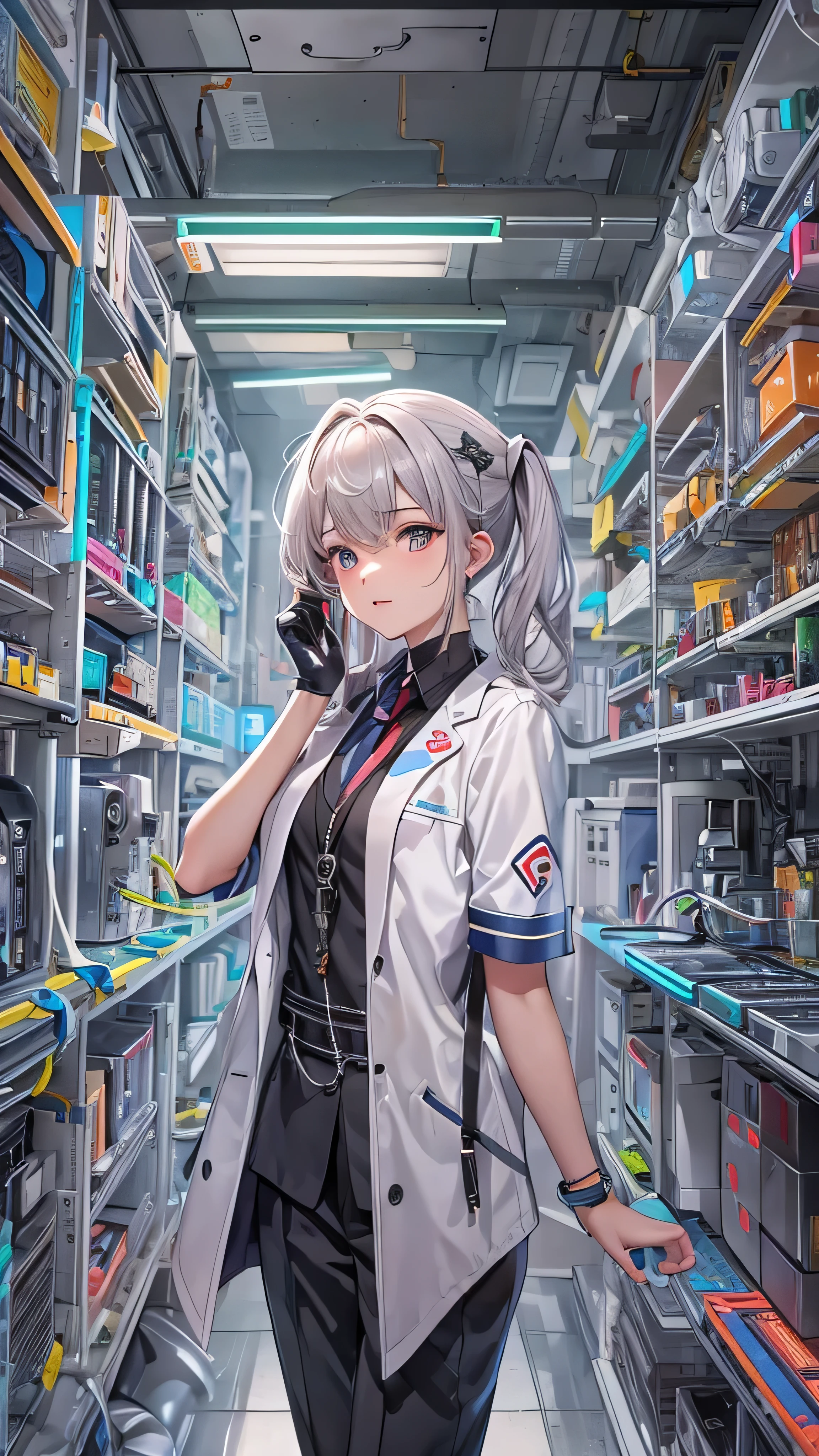 Anime girl in a store with a phone in her hand - SeaArt AI