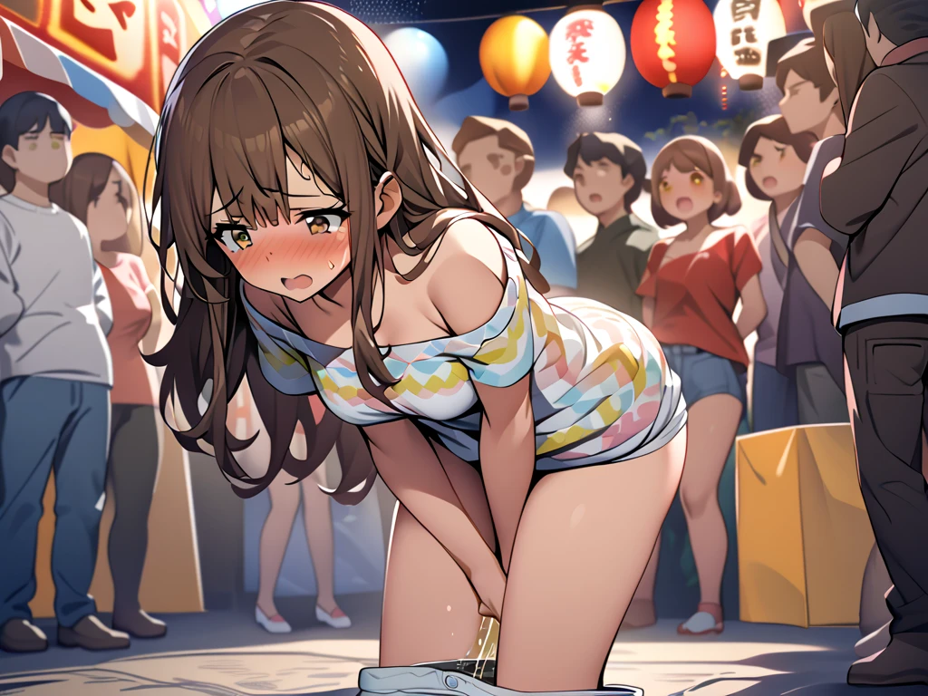 Nagino Sakura, brown eyes, brown hair, hair band, medium length hair, empty eyes , Running, wearing nothing, big anime eyes, , shiny hair, bare-skin, navel, the groin, BREAK in front of convenience store, large breasts, blank look, Nipples, nsfw, nipple , (Sweating profusely, Love juice, Wet Woman, female ejaculation), Flooding. sea. solo, Peeing, lactation, projectile lactation