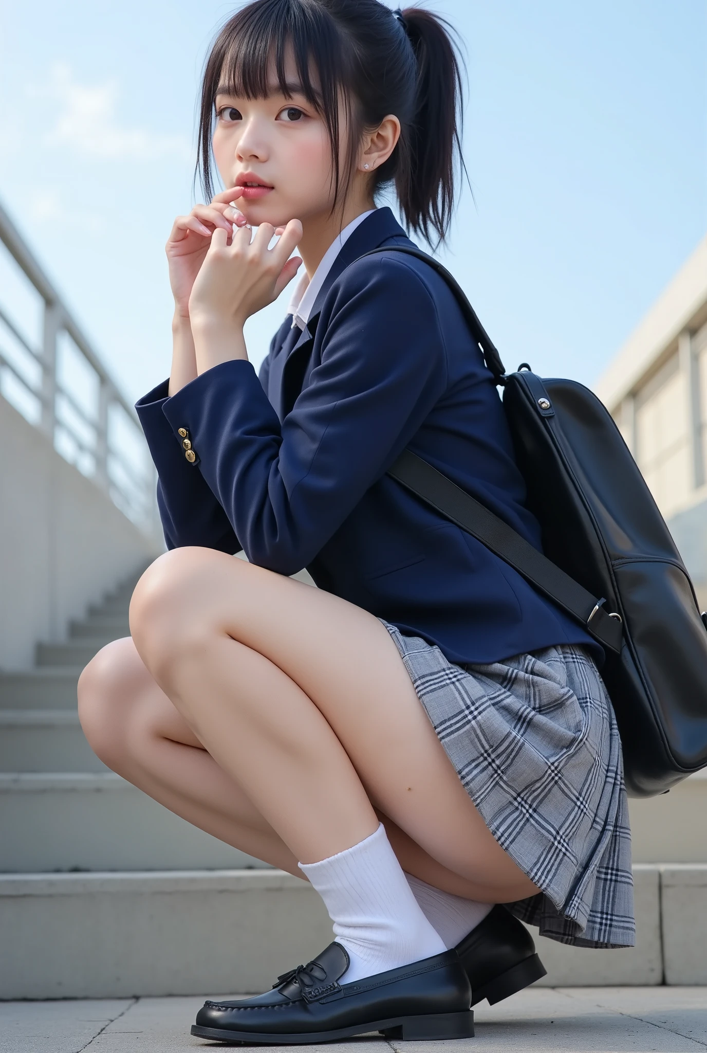 portrait photography,masterpiece, nsfw,8k,16k
(tidy Japanese Girl, 157 Height cm,pale skin),((shot from below,low angle)), big breasts,((sucking thumb:1.3)), (sensual glamorous lower body:1.3), professional lighting,clear sky,
( 1 girl,Japanese standard petite immature fleshy body , head-body-ratio 1:6), tilting head,Narrow shoulder width, Wide pelvis, big butt, thick short legs, (fat thick ankels, rich fat short calves,short thighs:1.3), sucking thumb,
black hair,Shiny straight short ponytail hair With bangs,
(baby face, Round face, Droopy eyes,hazel color eyes, natural makeup ),revealing white pantie between skirt and legs,
Wearing navy japanese school short tight uniform jacket suit with medium-length grey checked skirt,white collared shirt,gap between jacket and shirt,navy color short socks, loafers, backpack on shoulder,
squatting with random sensual posing in overpass stairway,Focusing on calves,
85mm, Official AR RAW photos ,(Realistic,Ultra Details), best quality,Chromatic aberration,
Anatomically correct, textured skin,top of head
