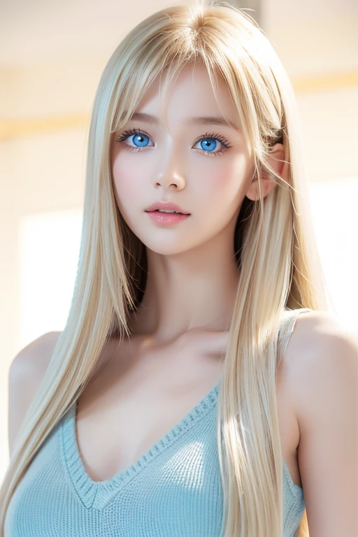 extraordinary sexy beauty、Beautiful, kind and cheerful expression、sexy refreshing look、The most perfect beautiful cute face in the world、long bangs between the eyes、The most beautiful super long bright blonde straight hair in the world、beautiful expression、Very cute beautiful sexy young little blonde woman、big bright light blue eyes that shine、very big eyes、、Young Western Woman、small face beauty、Beautiful white shiny skin、Highlights of cheek luster、cheek gloss highlight、very pure white skin、rich bust