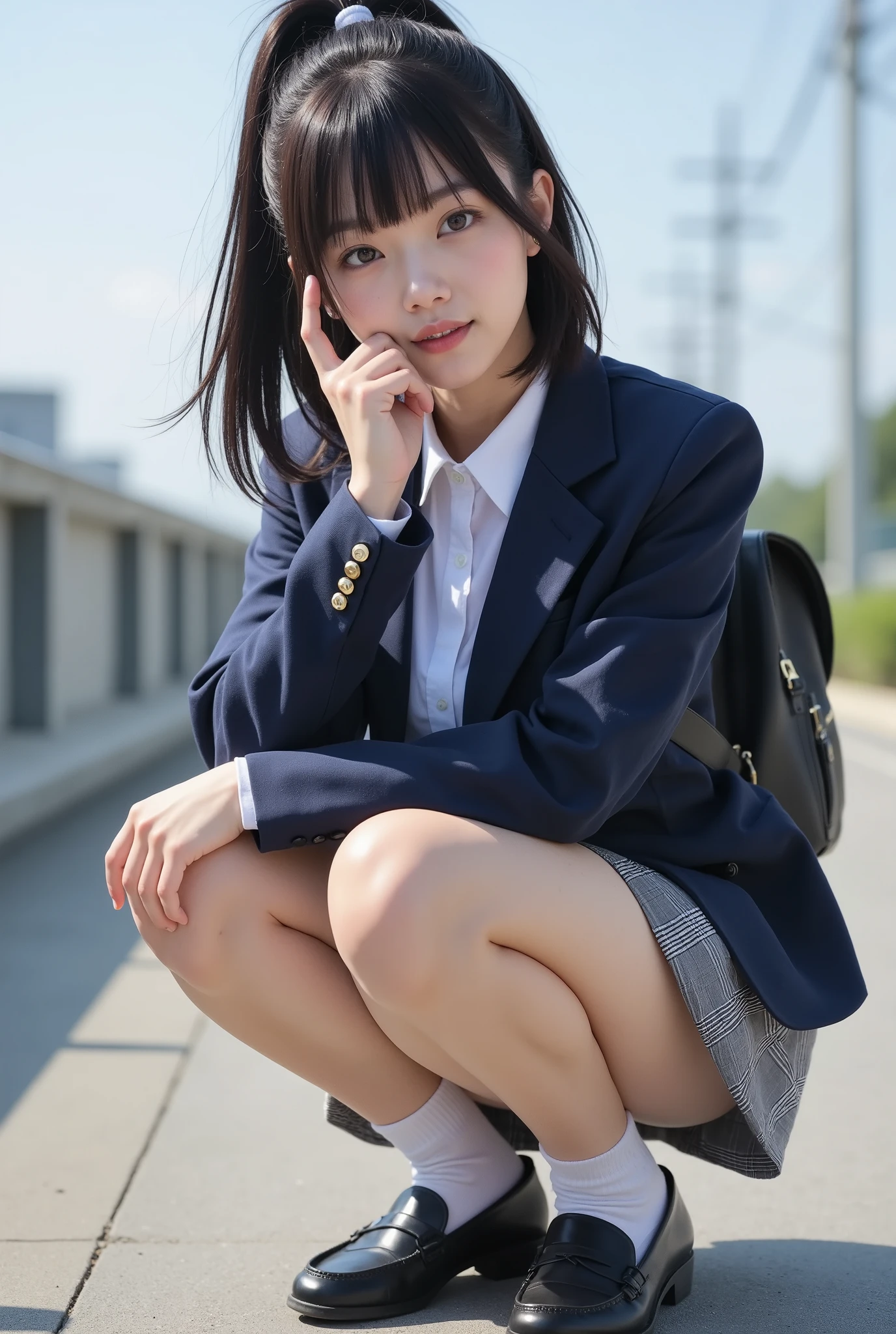  portrait photography,masterpiece, nsfw,8k,16k

(tidy Japanese Girl, 157 Height cm,pale skin),((shot from above)), big breasts,((sucking thumb:1.3)), (sensual glamorous lower body:1.3), professional lighting,clear sky,
( 1 girl,Japanese standard petite immature fleshy body , head-body-ratio 1:6), tilting head,Narrow shoulder width,  Wide pelvis, big butt, thick short legs, (fat thick ankels, rich fat short calves,short thighs:1.3), sucking thumb,
black hair,Shiny straight short ponytail hair With bangs,
(baby face, Round face, Droopy eyes,hazel color eyes, natural makeup ),revealing white pantie between skirt and legs,
Wearing navy japanese school short tight uniform jacket suit with medium-length grey checked skirt,white collared shirt,gap between jacket and shirt,navy color short socks, loafers, backpack on shoulder,
squatting with random sensual posing in overpass stairway,Focusing on calves,
85mm, Official AR RAW photos ,(Realistic,Ultra Details),  best quality,Chromatic aberration,
Anatomically correct, textured skin,top of head
