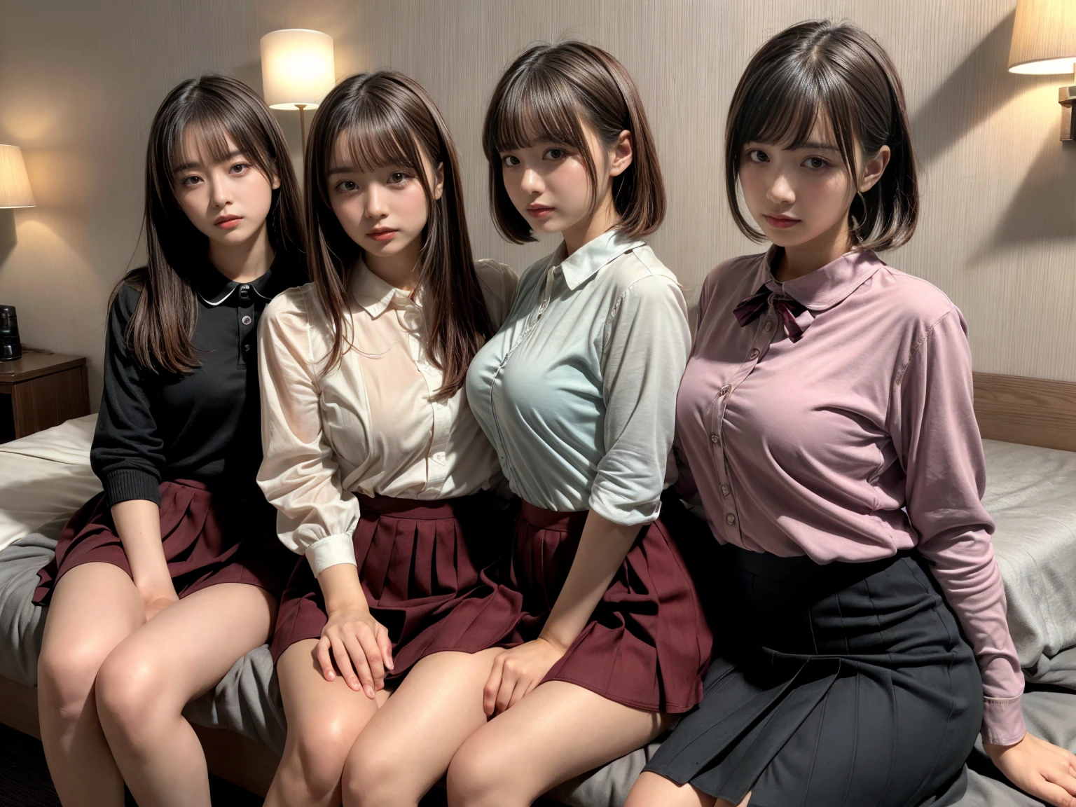 masterpiece, best quality, illustration, Super detailed, fine details, High resolution, 8K,wall paper, perfect dynamic composition,(Details High quality, realistic depiction of eyes:1.3), ((2 girls)),(collared shirt:1.1), pleated skirt, short bob hair、black hair color, Big Natural Color Lip, Play with each other,Touching each other's bodies,Touching the body of the girl next door,bold sexy pose, crying a little、20 year old girl、beautiful legs, hotel room, gravure idol, Voluptuous thighs, huge breasts, Don't expose it