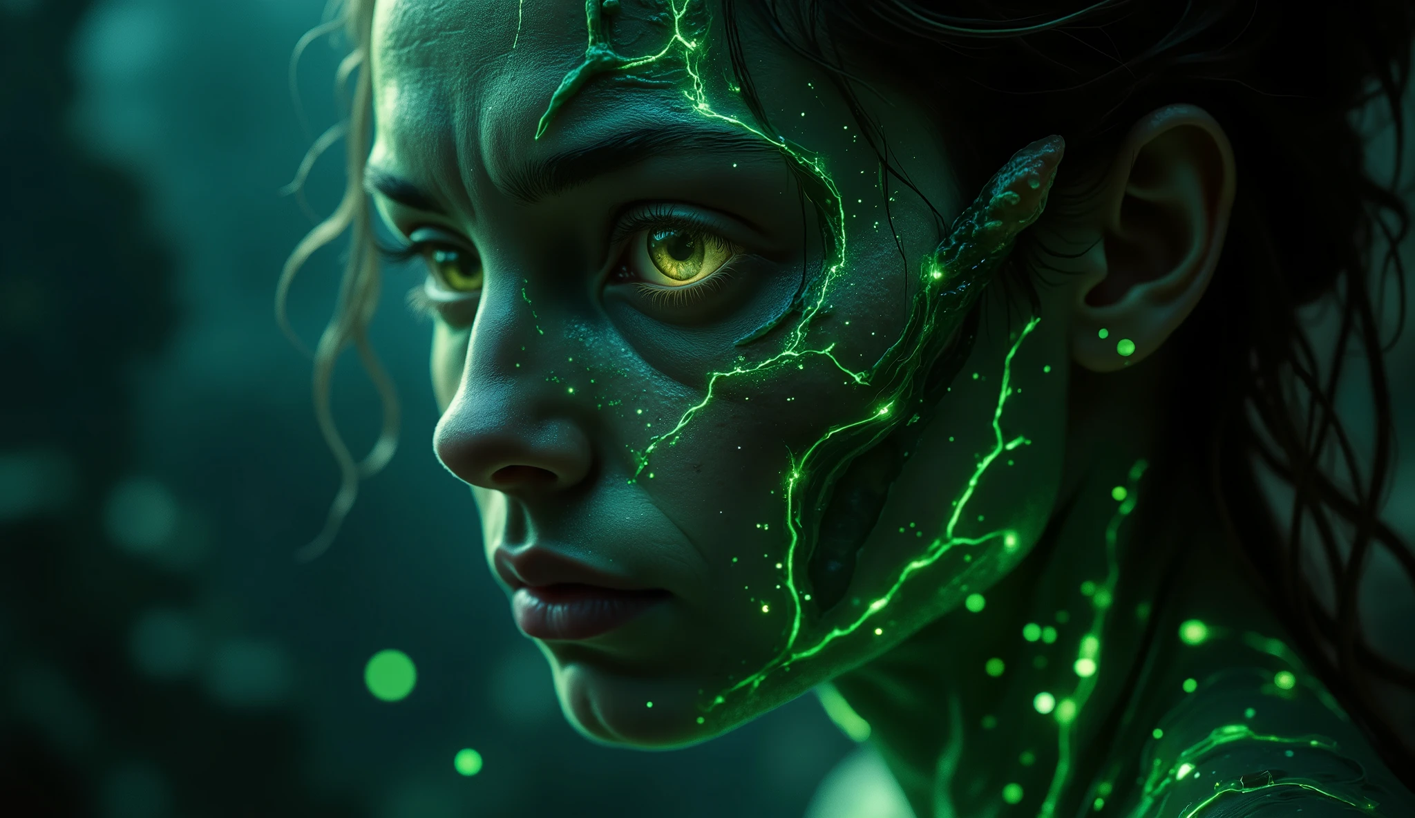 A close-up shot of a human face infected by the alien virus. The person’s skin begins to transform, with green bioluminescent veins spreading across their cheeks and forehead. Their eyes turn a sickly yellow, and their skin develops a rough, scaly texture. Small organic protrusions start growing from their temples, resembling alien features. The transformation is horrifying yet mesmerizing, with glowing particles floating around the infected areas. The background is dark and blurry, focusing attention on the mutation process.