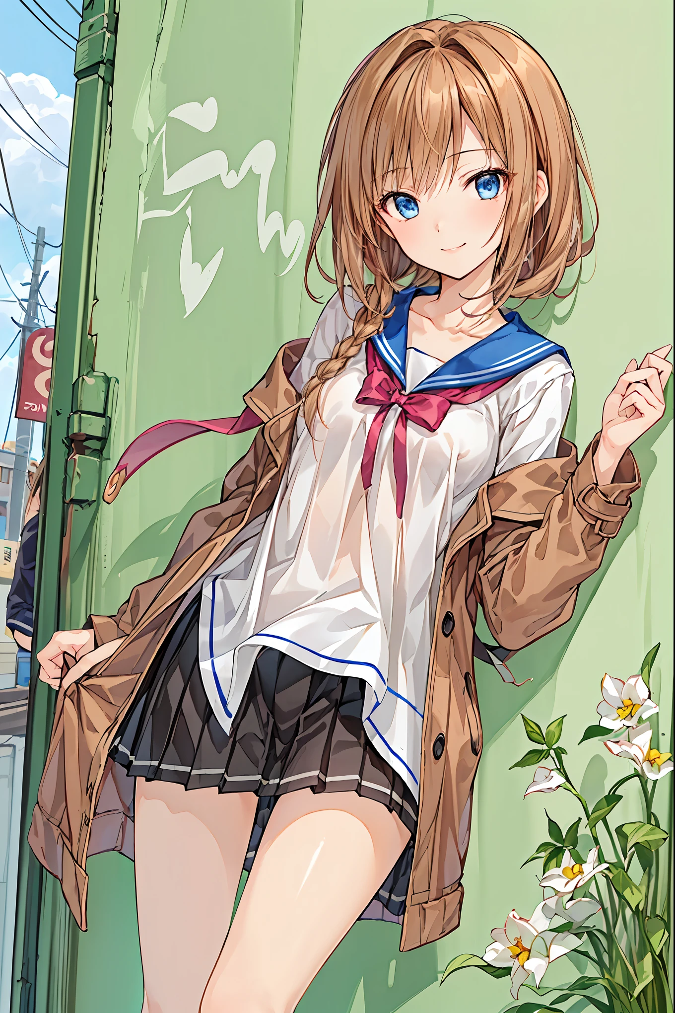 masterpiece, top quality, 非常に DetailsなCG Unity 8K壁紙 , Ultra-realistic 8K CG, perfect artwork , Perfect Female Body Type, Dramatic shadows , ( spotlight, viewer , Details light , ((( 1 girl))), (( SHARP FACE )), (( brown hair, wave hair)), ((( sexy pose))), model body type , Winter clothes, warm coat, Watch viewers with small breasts , (( cute face)), ( smiles gently: 1.2), ( asymmetrical bangs that grab the chest , beautiful eyelashes ), Beautiful appearance, (Beautiful bust line:1.2), (Chest), beautiful girl, beautiful facial features that describe a perfect face, cold, Natural Beauty , slender body, Light and beautiful thigh expression , high school girl, high school uniforms , Show me sailor suits, pleated skirt , loose socks, in front of a wall full of graffiti , night , ((( leaning against the wall, standing))), Award-Winning Photos Cuddling From Behind, Details, realistic light and shadow , 8k resolution, professional lighting , ( shiny skin around:0.9), Perfect Hands, Hair, Shortcut with Bangs, unkempt hair,Short braided hair,Neat, slender beautiful woman,Correct posture,Small chest, beautiful legs, has enchanting gray-blue eyes that shine like stars, droopy eyes , vibrant colors, beautiful eyes,A delicate smile,Textured Skin, Best Quality at its Best , gentle and beautiful woman , anime style、