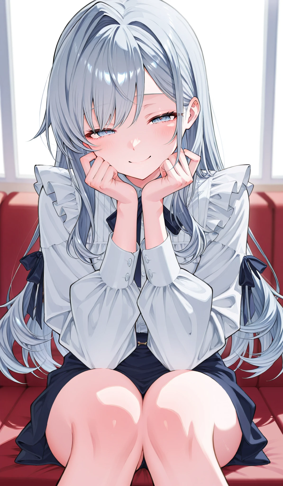 one woman、Gray Hair、Intake、Thin blue-gray eyes 、 with semi-closed eyes 、 shy expression、 Half Twin Hair 、 wave hair、 frill、ribbon、Long sleeve clothes、 indoor、 Sitting、 smile、 watching here、 Gypsophila 、
Masterpiece、 top quality、