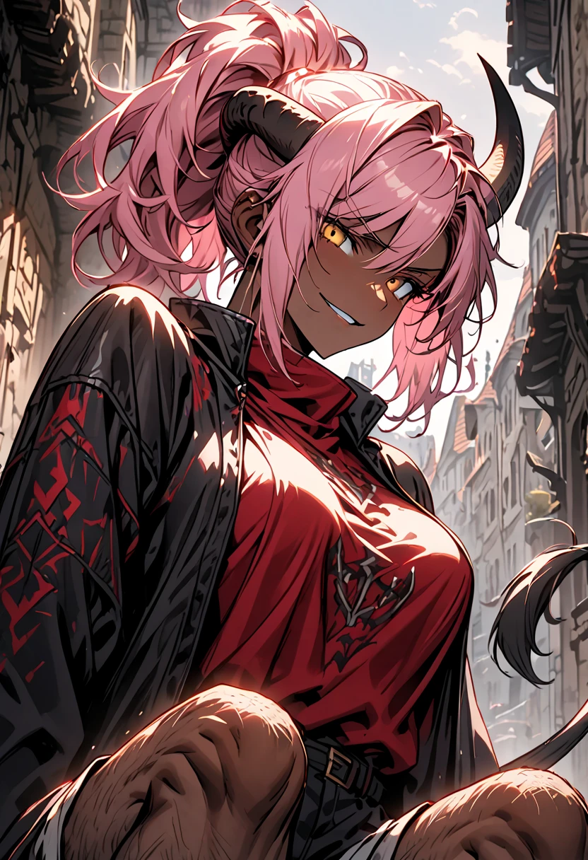 Supersayajin Ultra woman, diamond gradient pink hair, red eyes with black outlines and painted around the eyes, large eyelashes, red gradient clothing with black dragon tatoon print, half open mouth, fighting with the yellow haired supersayajin, lots of fury against enemy, scenery in heaven and earth destroying everything