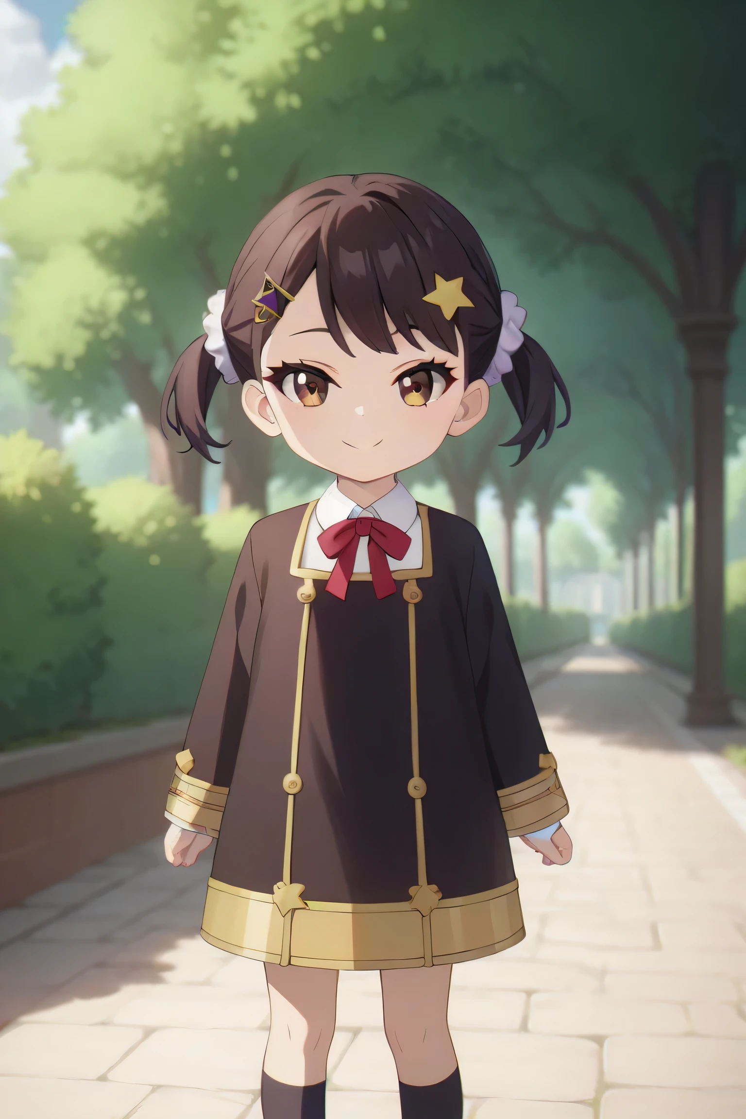 ((masterpiece)),(best quality),official art,extremely delicate and beautiful,extremely detailed CG,unity 8k wallpaper,ultra detailed,beautiful detailed eyes,extremely detailed face,outdoors,1girl,solo,cowboy shot,looking at viewer,facing viewer,smile,female ,short hair,black hair,short twintails,star hair ornament,star (symbol),hairclip,hair scrunchie,white scrunchie,bangs,eyelashes,brown eyes,eden academy school uniform,neck ribbon,red ribbon,wing collar,collared shirt,white shirt,black dress,long sleeves,gold trim,black socks,mary janes,chibi