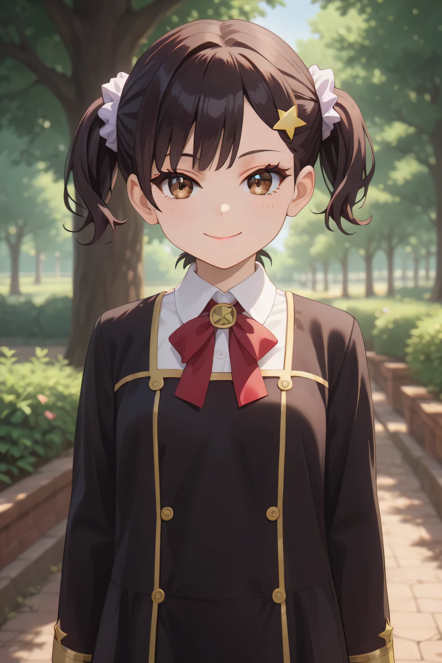 ((masterpiece)),(best quality),official art,extremely delicate and beautiful,extremely detailed CG,unity 8k wallpaper,ultra detailed,beautiful detailed eyes,extremely detailed face,outdoors,1girl,solo,cowboy shot,looking at viewer,facing viewer,smile,female ,short hair,black hair,short twintails,star hair ornament,star (symbol),hairclip,hair scrunchie,white scrunchie,bangs,eyelashes,brown eyes,eden academy school uniform,neck ribbon,red ribbon,wing collar,collared shirt,white shirt,black dress,long sleeves,gold trim,black socks,mary janes,chibi