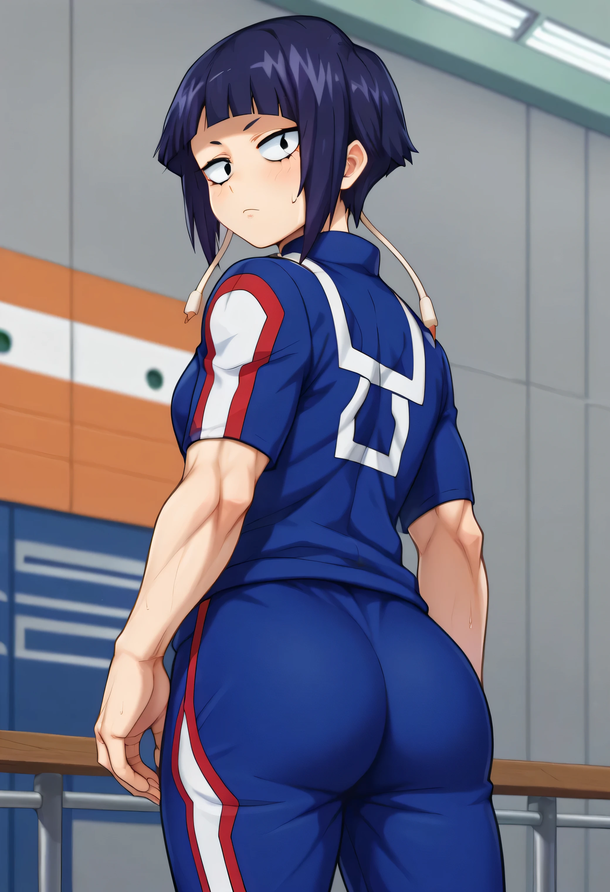 score_9,score_8_up,score_7_up BREAK jirouSDXL,1girl,short hair,dark purple hair,black eyes,blue sportswear,short sleeves,blue pants,track suit,track pants,jirou kyouka,cowboy shot,room,room background,looking at viewer,from behind,looking back,ass focus,ass, very muscular ass, extremly muscular ass, jirou kyouka looking at her ass, cute, kawaii, muscular girl,