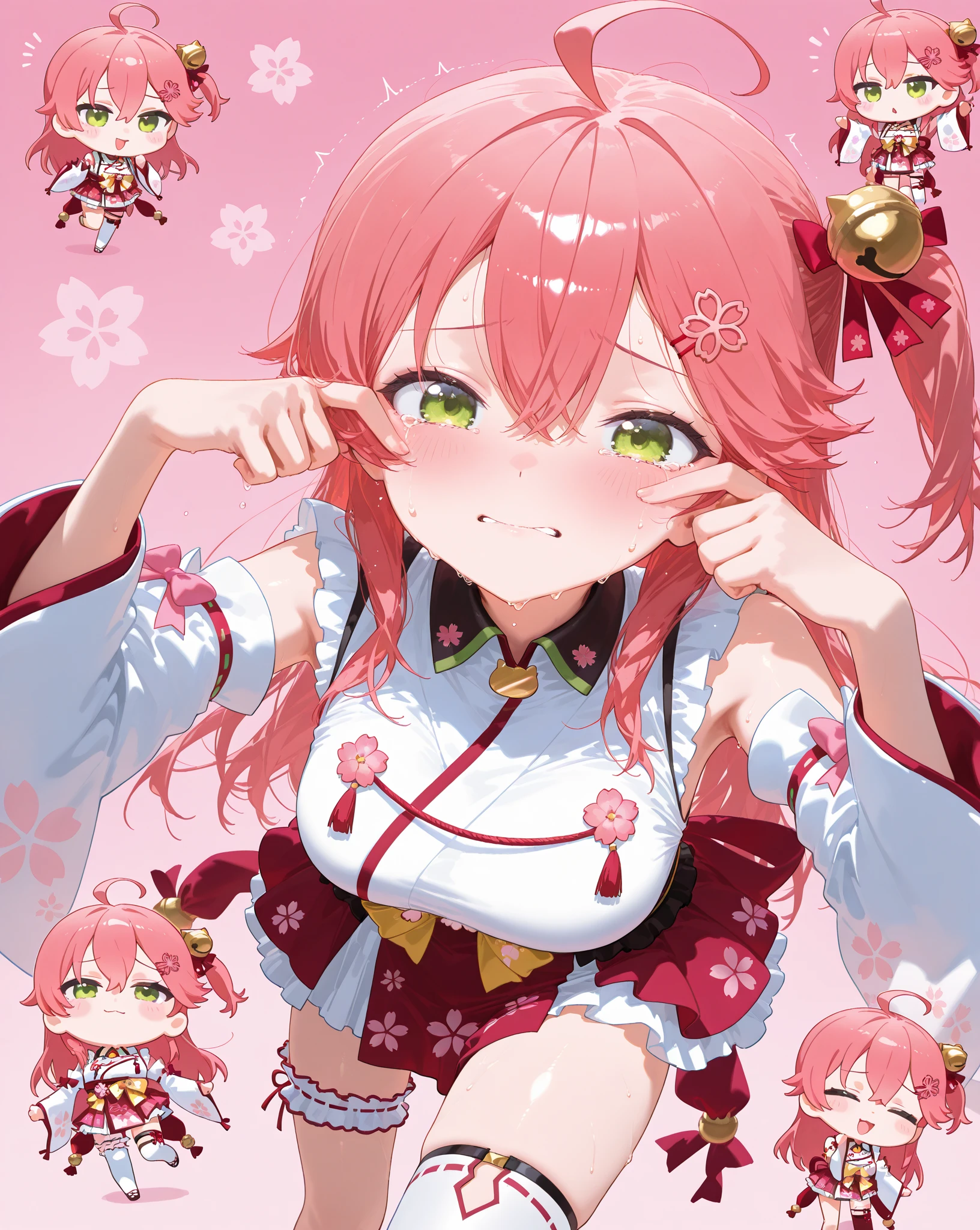 (One girl), sakura miko,(Pink Hair:1.1), (Braiding:1.1), (Glasses), (Green Eyes), (smile), (Large Breasts), (Intricate iris detail), (Selfie)
