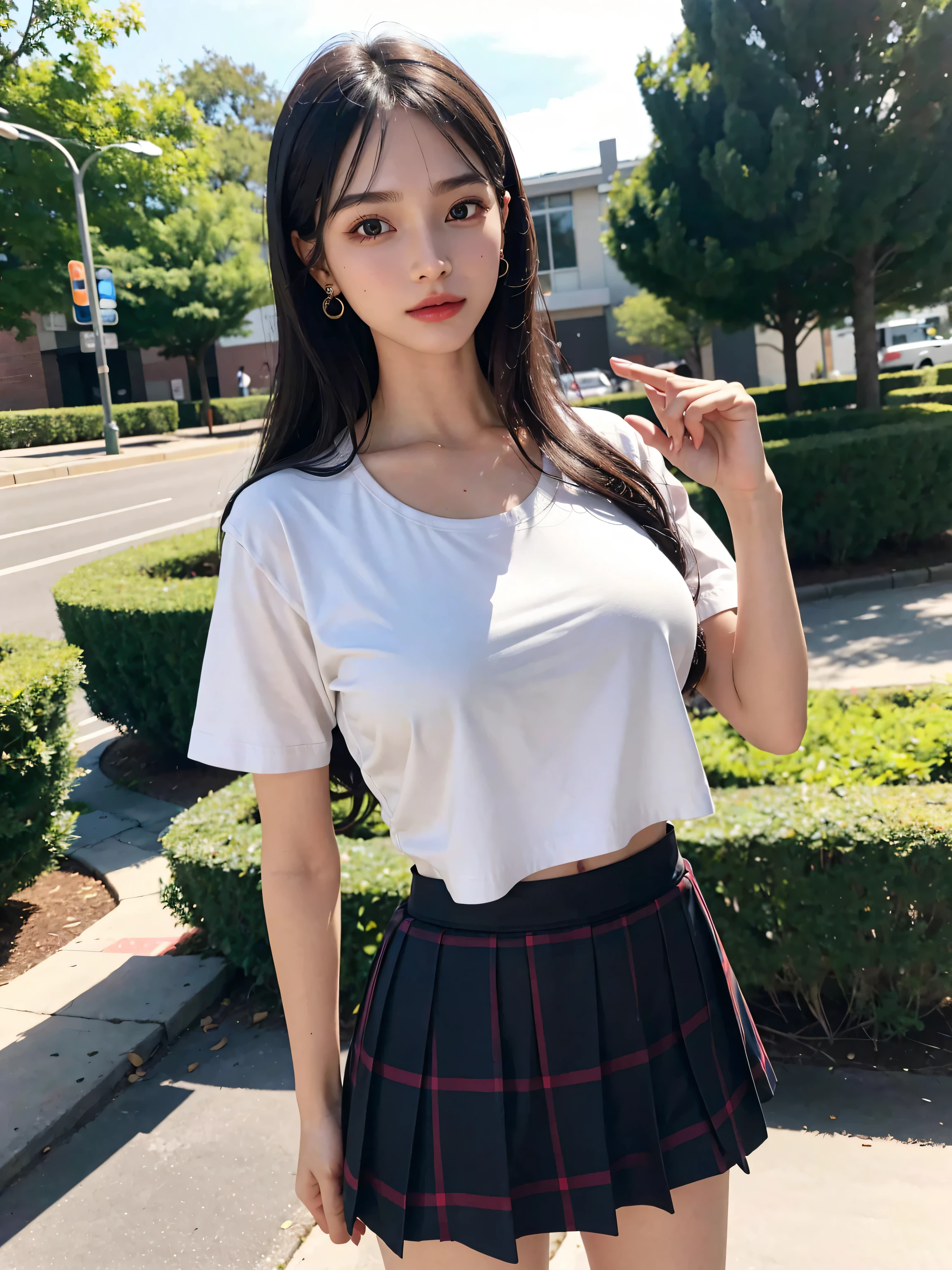 masutepiece, Best Quality, Illustration, Ultra-detailed, finely detail, hight resolution, 8K Wallpaper, Perfect dynamic composition, Beautiful detailed eyes, Natural Lip,White T-shirt:1.9,small black pleated skirt,cleavage,thigh visible,I can see my toned abs,Full body