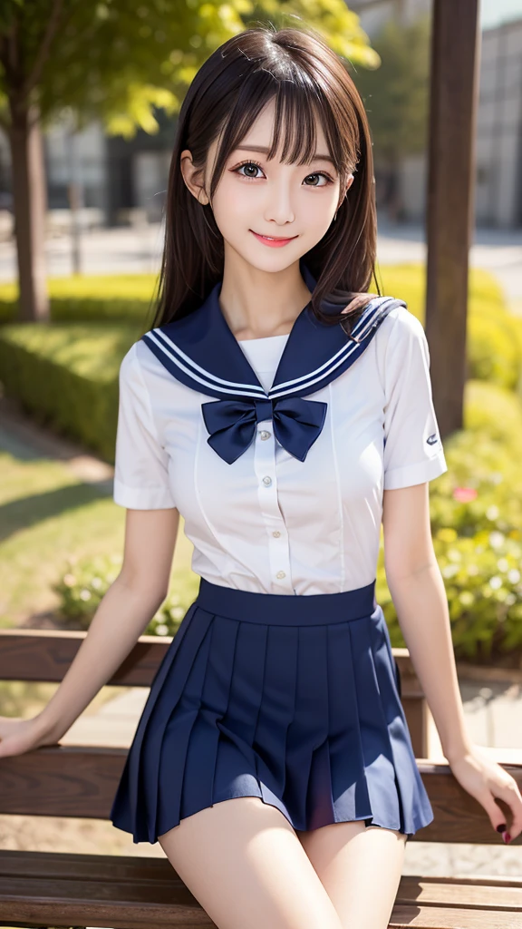 15-year-old female, (medium breasts), (Japan Schoolgirls), (white teeth), (smile:1.2), (laughter:1.2), (light brown hair:1.3), (bright hair), dull bangs, hair behind the ear, shoulder hair, (black eye), (Big eyes:1.2), (long hair), ( slender body shape), (Extra-fine face), delicate lips, (beautiful eyes), light blush, brown eyes, (shiny skin, perfect skin :1.3), (sailor suit:1.3, Flared skirt in navy blue)