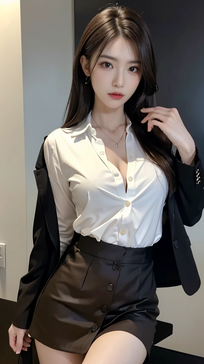 (Best quality, High resolution, Masterpiece :1.3), A tall and pretty woman, Slender abs, Dark brown hair styled in loose waves, Breasts, Wearing pendant, White button up shirt, Belt, Black skirt, (Modern architecture in background), Details exquisitely rendered in the face and skin texture, Detailed eyes, Double eyelid