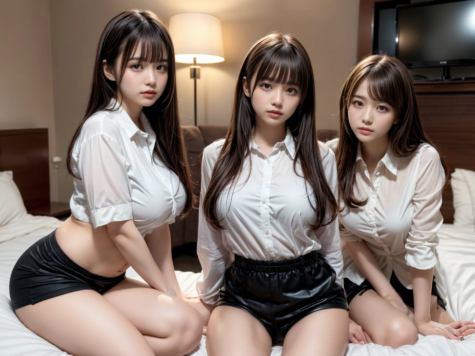 (8k, RAW Photos, Highest quality, masterpiece:1.2), masterpiece, Highest quality, figure, Very detailed, The finer details, High resolution, 8k,wallpaper, Perfect dynamic composition,(Detailed high quality, Realistic depiction of eyes:1.3), ((3 girls, 3 high school girls)), The background is a room in a luxury hotel、((Bodycon short dress))、((Pure white knee-high socks))、Black garter belt、huge 、Disheveled uniform, Play with each other,Touching each other's bodies,Touching the body of the girl next door, Short Bob Hair, Black hair color, hugeな胸, Big Natural Color Lip, Bold sexy pose, (Perfect figure), laughing、 Beautiful Makeup,Glitter makeup, Beautiful feet, Gravure idol pose, Voluptuous thighs, Looking into the camera,