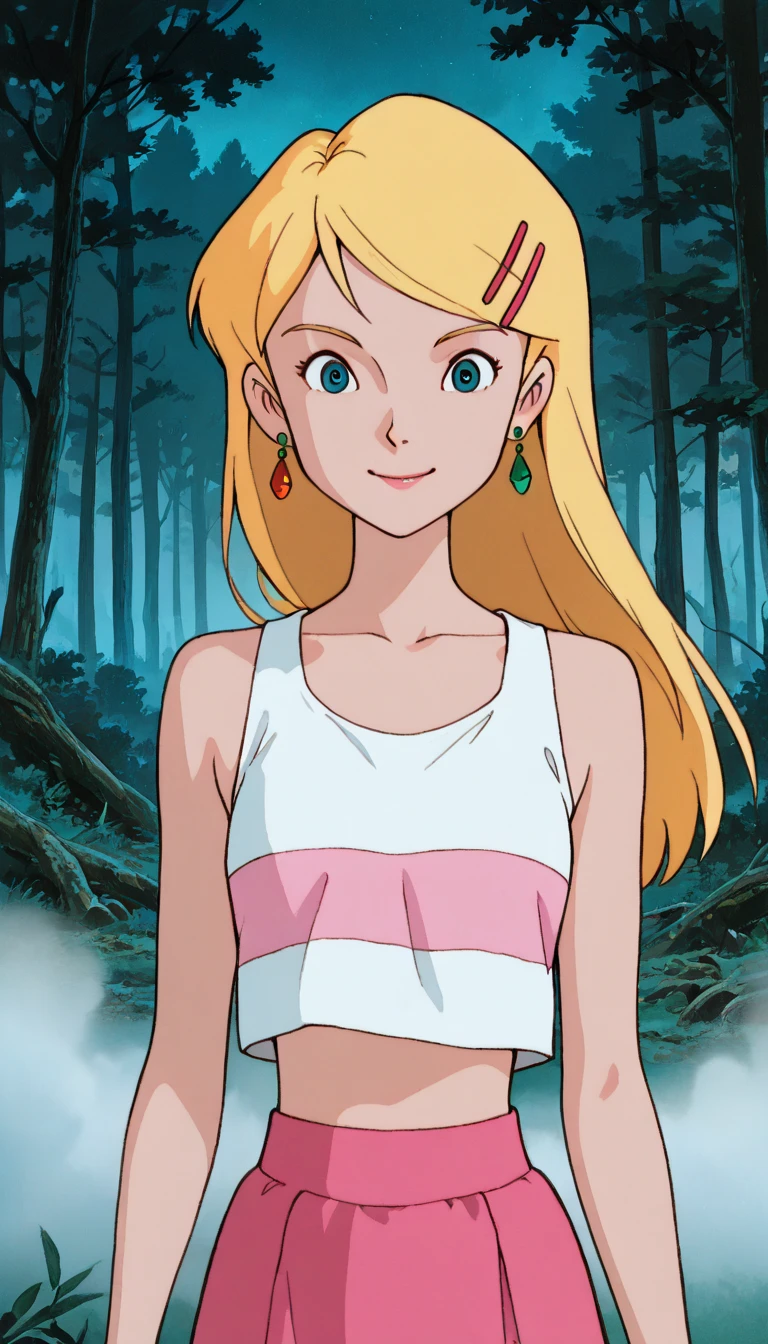 (1girl, solo, sabrina spellman), (extremely detailed CG unit 8k wallpaper),(master part), (best quality), (ultra detail), (best illustration),(ghibli_style), cowboy shot, standing, facing viewer, looking at viewer, perfect face, perfect eyes, perfect fingers, (Sharp eyeliner, ombre, detailed eyes:1), traditional media, ghibli landscapes, scenery, outdoors, forest, night, fog, horror, break , upper body, solo, smile, (blue eyes, blonde hair, long hair, earrings, mismatched earrings, hairclip, white tank top, striped tank top, pink stripe, midriff, pink skirt, tight skirt)