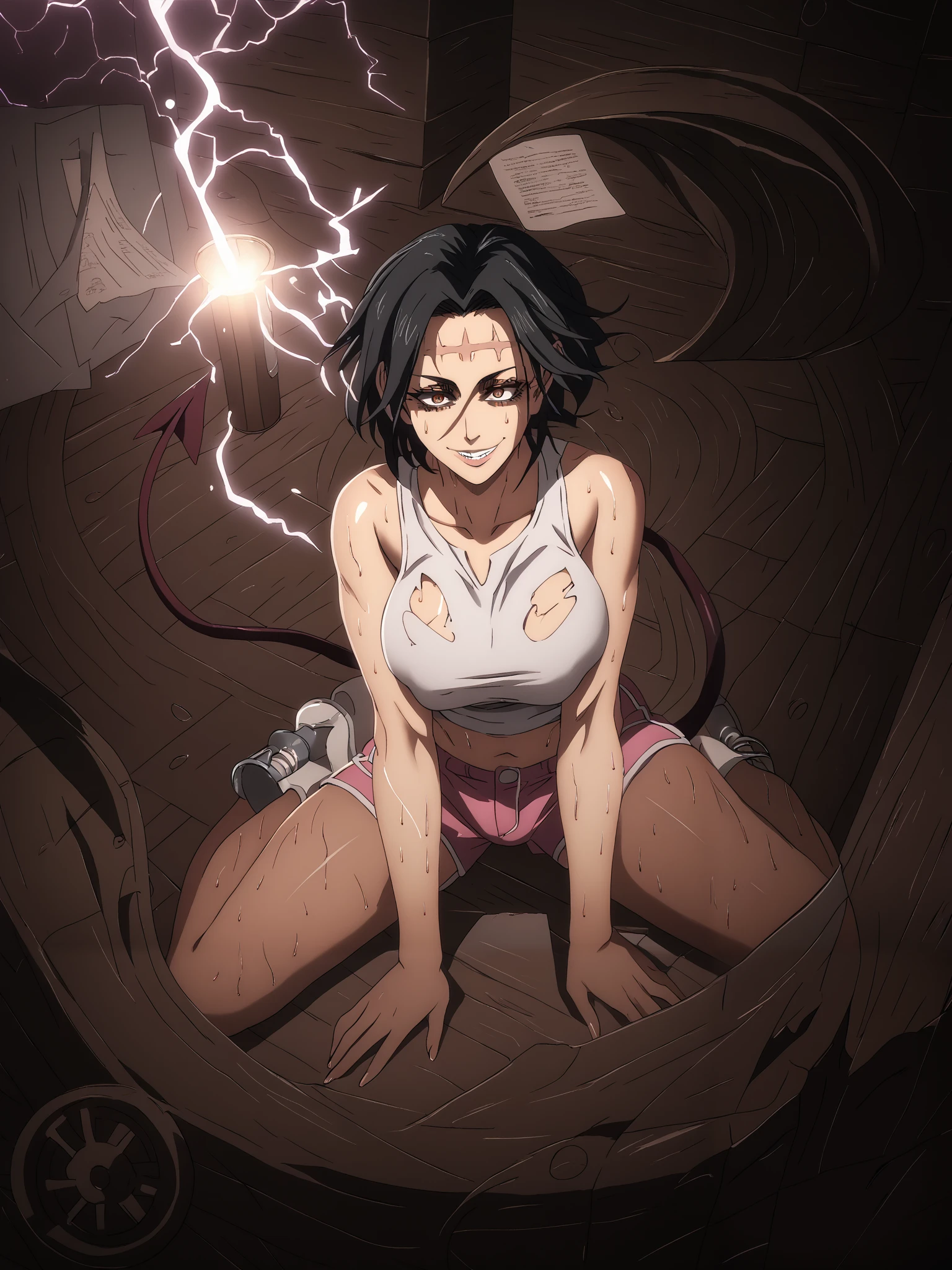 score_9, score_8_up, score_7_up, score_6_up, uncensored, KaoriItadoriSDXL, short hair, brown eyes, black hair, large breasts, scar on face, bright pupils, anime coloring, anime screencap, (voluptuous:1.3), (thick:1.3), BREAK UHD, retina, masterpiece, accurate, anatomically correct, textured skin, super detail, high details, high quality, award winning, best quality, highres, 4K, excessive sweating, sweating, sweating drop, (gasping, heavy breathing:1.3), (skindentation:1.2), perfect eyes, beautiful eyes, eyelashes, makeup, detailed body, perfect body, BREAK, 1girl, magic_circle, breasts, tail, glowing_eyes, solo, demon_tail, glowing, demon_girl, navel, smile, wariza, looking_at_viewer, electricity, demon, lightning, sitting, (aura:1.4), paper, wind, windart, dusty, particle, White shirt, sleeveless, dolphin shorts, short shorts, pink shorts, tank top, torn clothes, table, indoors, dark room,