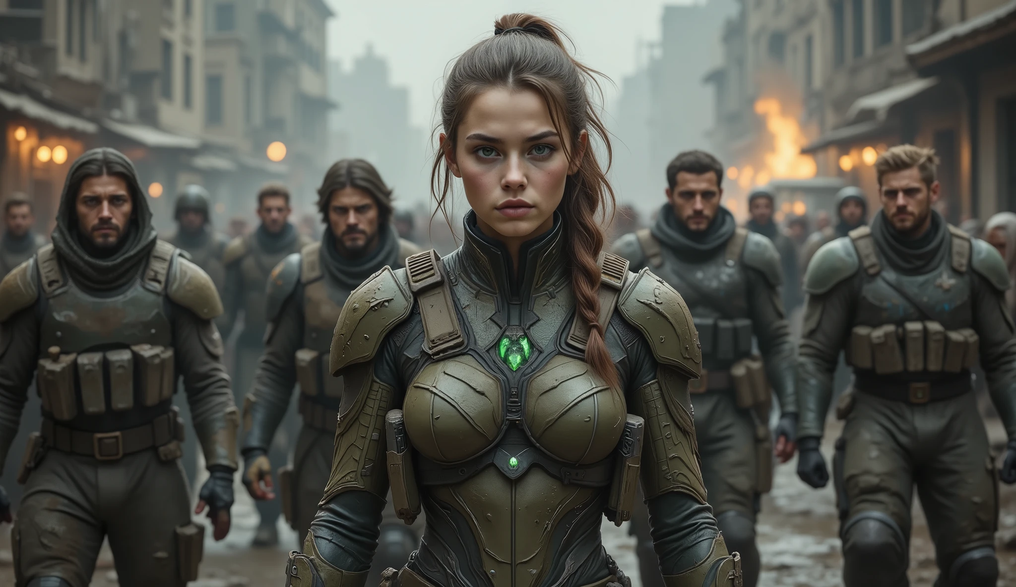 A tense moment where human soldiers hesitate to join the hybrid protagonist on the battlefield. The protagonist stands confidently, her glowing green eyes and semi-scaled skin making her look both alien and heroic. The soldiers wear tactical gear in gray and olive green, their faces reflecting a mix of fear, doubt, and awe. One soldier, a young man with messy undercut hair and a tactical vest, steps forward hesitantly, followed by a few others. They form a small alliance, standing shoulder-to-shoulder with the protagonist. The scene takes place in a war-torn urban environment, with crumbling buildings and burning vehicles in the background.