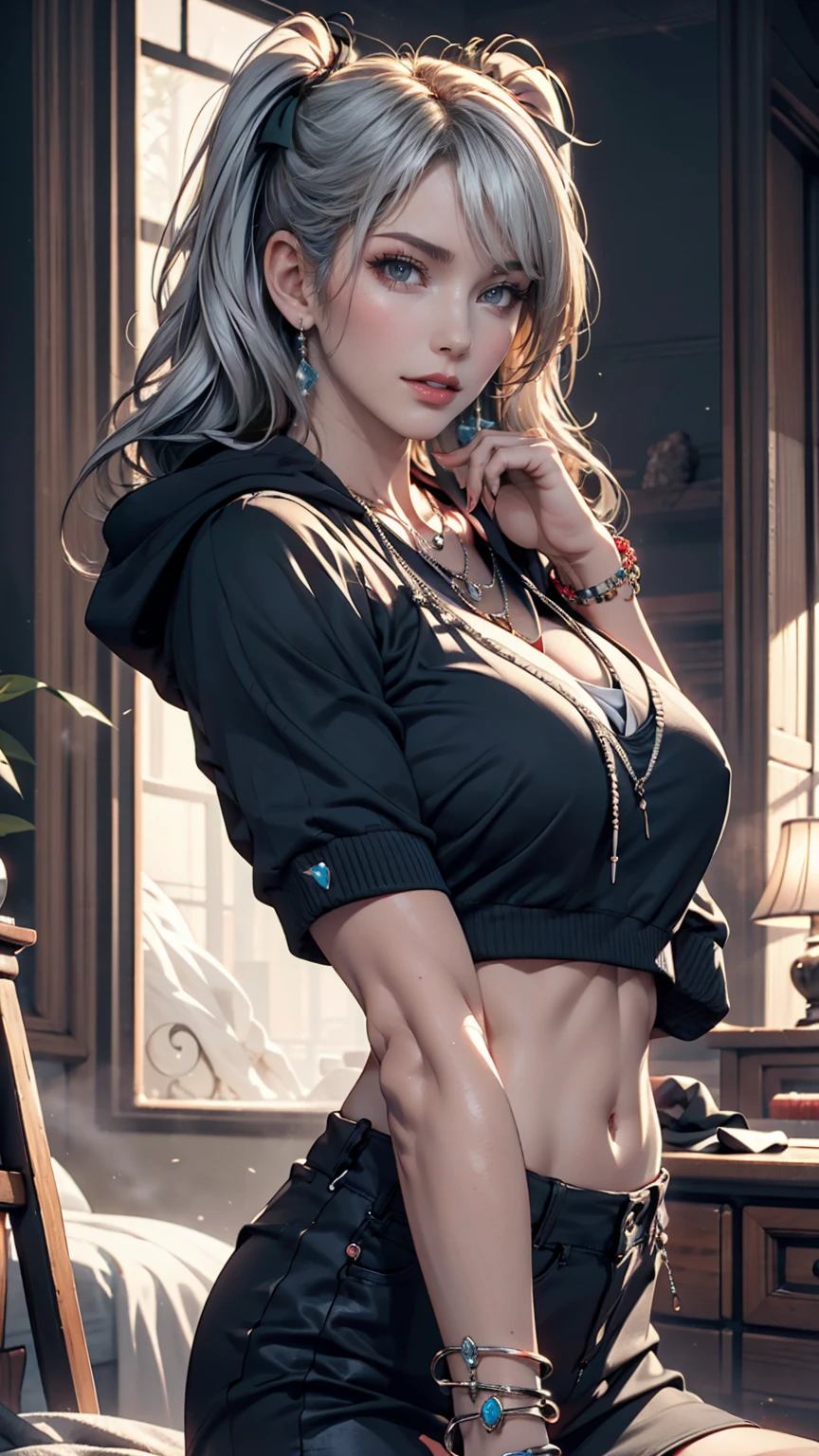 (best quality:1.6), (masterpiece:1.2), (realistic:1.4), taller slim woman, (hair over one eye:1.3), (mekakure:1.3), (tongue out:1.3), (show her tongue:1.3), (asymmetrical hair:1.1), (silver hair:1.2), (dark eye makeup:1.3), (Dark black eyeshadow:1.3), (handsome face:1.3), (brown skin:1.4), (tanned skin:1.4), (bronze skin:1.4), (mahogany colored skin:1.3), gorgeous eyes, stick out her tongue and open her mouth wide, toned abs, half-closed eyes, (open legs:1.1), (knees up:1.2), (staring at me:1.2), provocative sadistic smile, arm to head, front open shirt, unbuttoned to the belly, confident expression, many piercings, bare foot, bare legs, luxurious bedroom, dynamic pose, cinematic angle, Detailed drawing, perfect anatomy, (High Resolution), (high detailed skin), ((top-quality)), ((High Definition)), high quality shadow, mostly cloudy sky, detailed background, ((Unbeatable masterpiece)), Maximum clarity and sharpness, Multi-layer Textures, Post-Processing, Anisotropic Filtering, octane render, two-tone lighting, professional photography, Realistic portrait, White balance, Long Exposure, Low ISO, 8K RAW, perfect hands, detailed fingers, Ray Tracing, Depth of Field, (((Photorealistic))), anatomically correct, (((Best Quality))), (((Super Detail))), (((UHD)))
