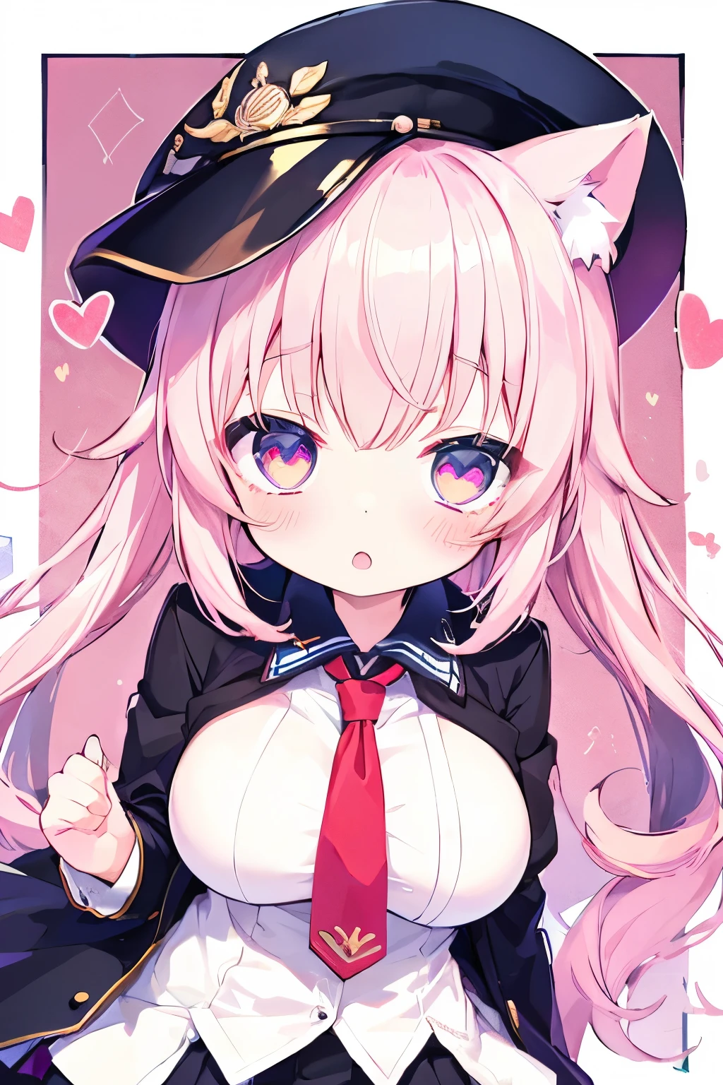 Navy Uniform、 、 Light Pink Hair ,Very beautiful and Eyeliner、 Eyeliner、 in the seat、 big breasts、Cat ears、((((( )))))、heart❤、((sweat、vapor))