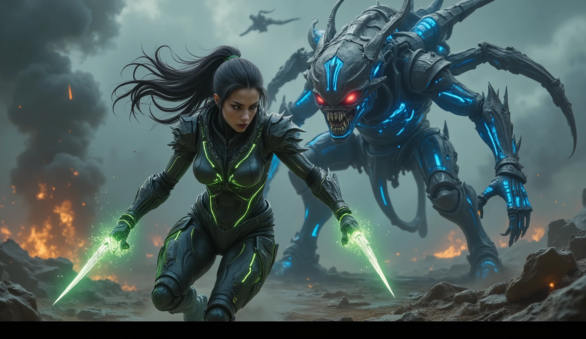 An intense and cinematic fight sequence between the hybrid protagonist and a massive biomechanical alien predator on a war-torn battlefield.
The hybrid protagonist is unmistakably unique, with striking black hair featuring neon green highlights that glow faintly even in the chaos of battle. Her semi-scaled skin has a subtle texture with pulsating green bioluminescent patterns, and her glowing green eyes pierce through the smoke-filled air. She wears sleek black armor with neon blue accents that glow brighter during moments of exertion. Her clawed hands are sharp and metallic, capable of slicing through alien drones with ease. She moves with incredible agility, dodging the alien's attacks while delivering precise counterstrikes. Her determination is evident in her focused expression and dynamic movements.
The biomechanical alien predator towers over the protagonist, its sleek organic-metallic exoskeleton resembling a predatory creature. Its elongated limbs are covered in glowing blue veins that pulse with energy, and its razor-sharp claws glint menacingly in the dim light. Its glowing red eyes lock onto the protagonist with predatory intent, tracking her every move. The alien's body is segmented, with flexible joints that allow it to strike with lightning speed. Its design combines elements of insectoid and reptilian features, making it appear both alien and terrifying.
The battlefield is illuminated by flashes of green energy from the protagonist's attacks and blue pulses from the alien's exoskeleton. Sparks fly as metal meets flesh, creating a dazzling display of combat. The environment is chaotic, with debris scattered across the ground and smoke rising from destroyed alien drones. The choreography is fast-paced and dynamic, showcasing the protagonist's enhanced strength, agility, and skill against the overwhelming power of the alien predator.