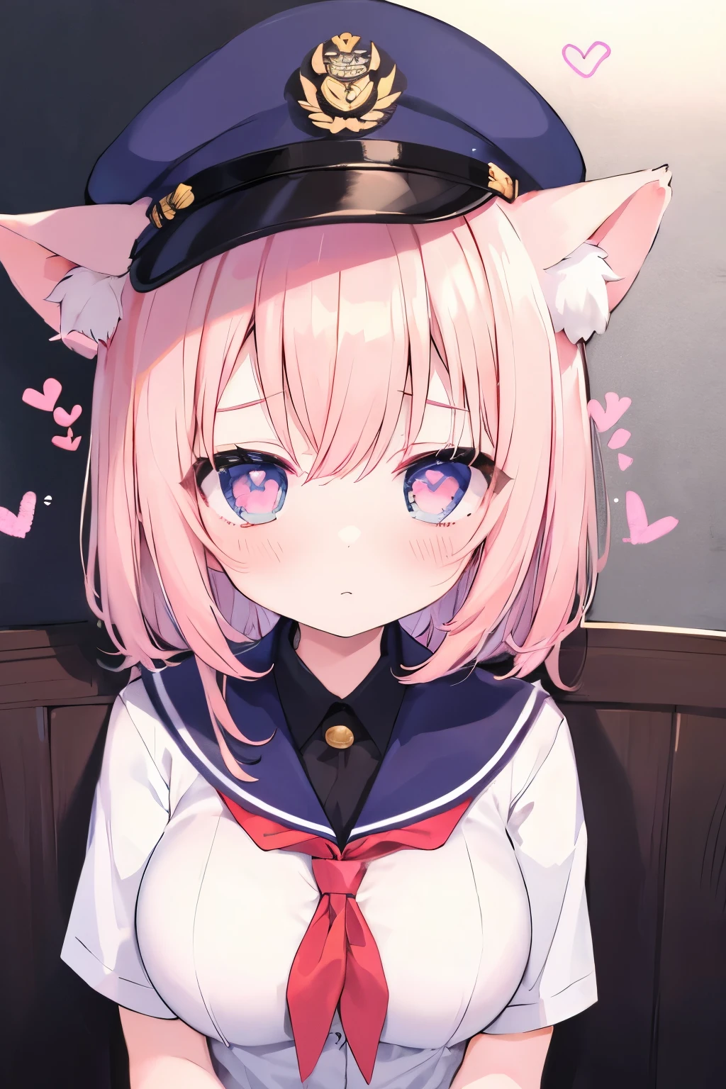 Navy Uniform、 elementary school student、 Light Pink Hair ,Very beautiful and Eyeliner、 Eyeliner、 in the seat、 big breasts、Cat ears、((((( )))))、heart❤、((sweat、vapor))