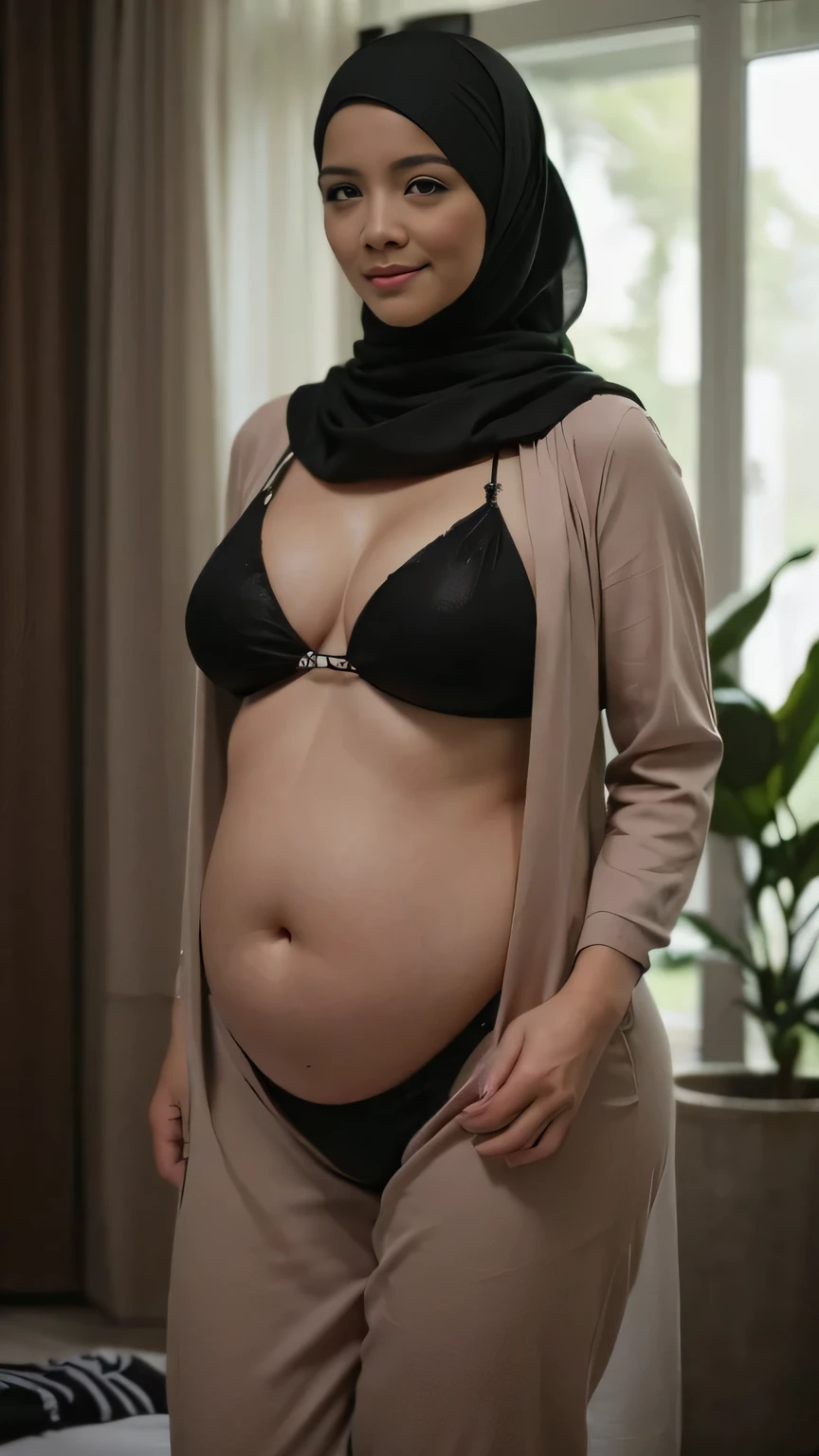 Hijab teen girl, fchest, very tigh short mini skirt, white lace, pregnant