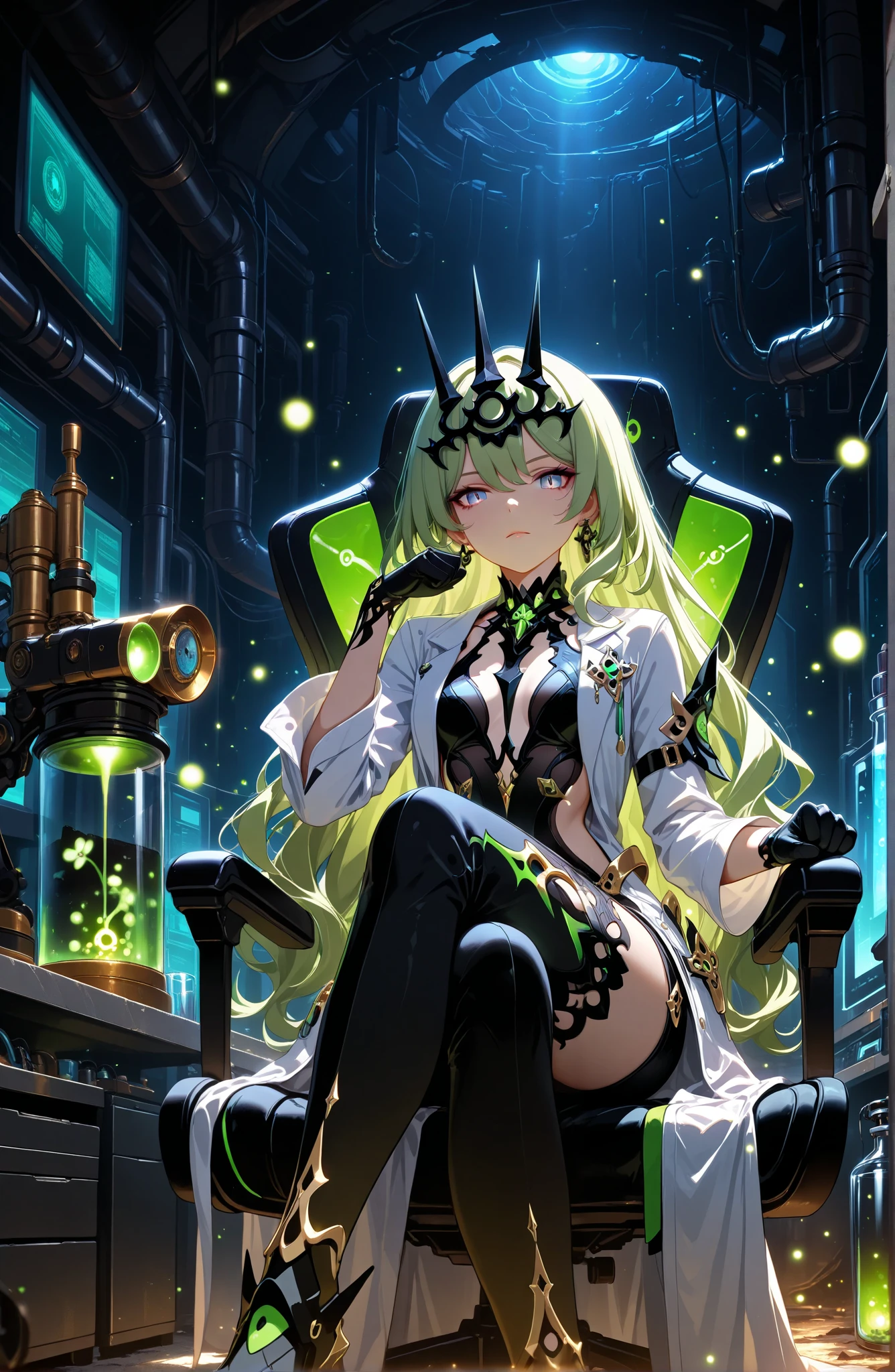 1girl,solo, mobius_honkai impact, laboratory, lab coat, looking at viewer, pants, gloves, thighs, indoor, crossed legs, boss chair, arm chair, clenched hand, dark lab, dim light, glowing glass, fireflies, volumetric lighting, underground, petite,realistic background, ambient occlusion, masterpiece, best quality, ultra detailed, dramatic lighting, black worms in a large jar, microscope, holding lab glass