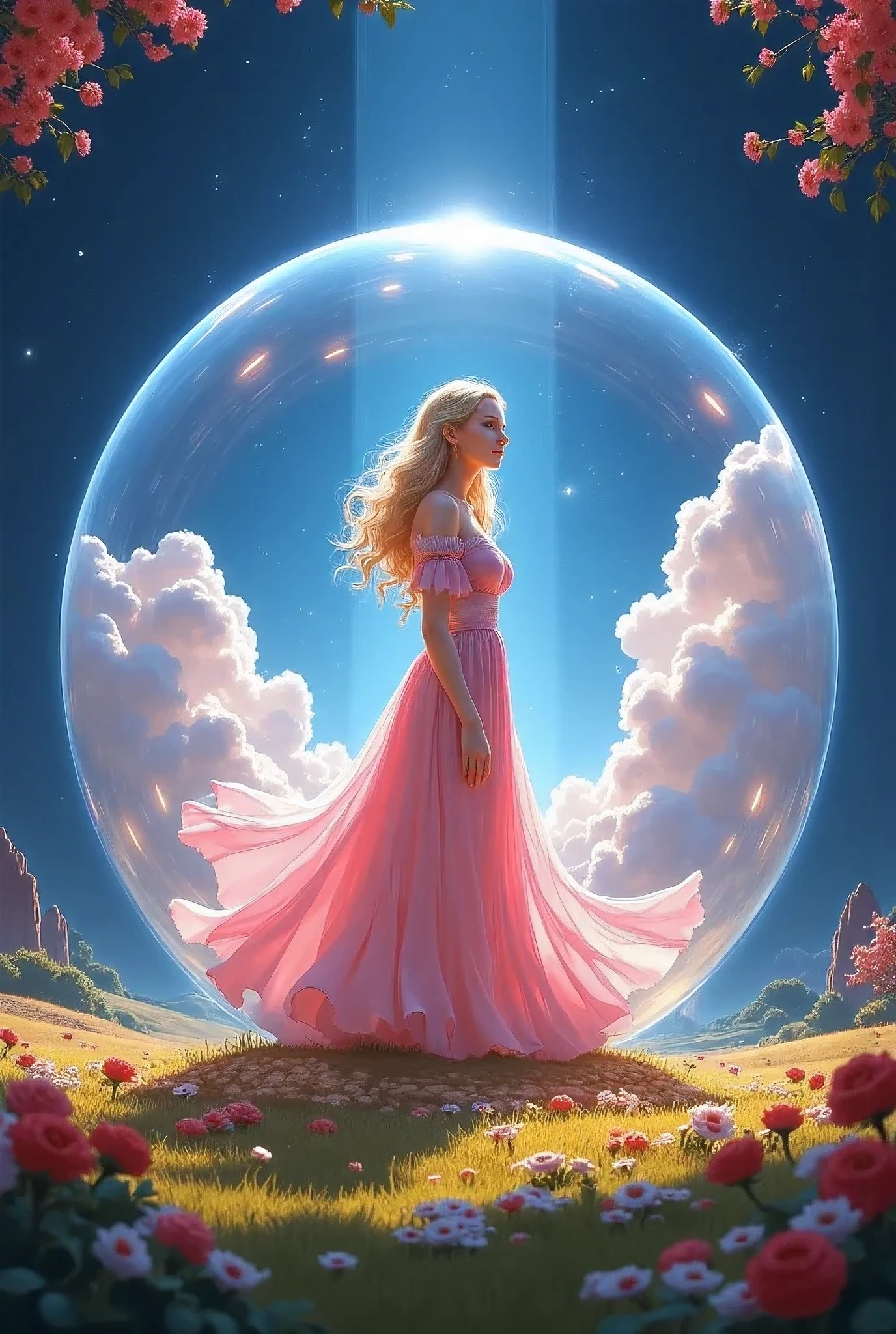 Glinda from the wizard of oz movie standing in side her flying round bubble that ((completely surrounds her whole body head to toe)), in the air floating