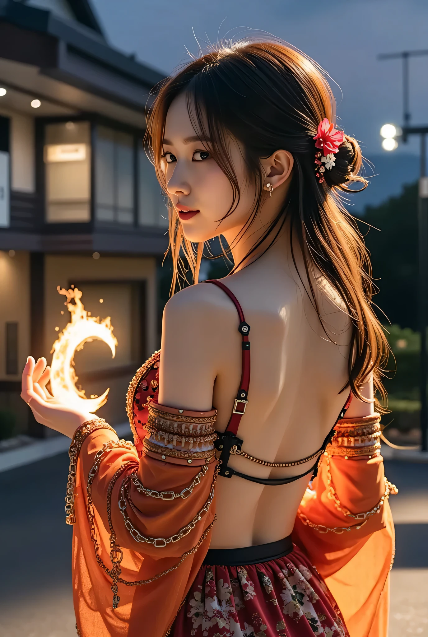 (8k,     The back is also completely naked in high image quality ,   Masterpiece), (     By Mr. names    , photo     By Mr. names    : 1.37),      very well detailed   ,         one girl     , {  Night in the Phoenix } ,         Night at the University of Tokyo   、   My chest shakes a lot       ,       Very delicate depiction       ,          armor made with miniature paint    、  By Mr. names 要素と幻想的要素を組み合わせた複雑な模様の鎖と着物を融合した鎧   ,       correct skeleton,        wear intricately patterned armor      ,  Braided Chain      ,  Delicate Sword of Fire    、    raise one hand above head    、 Like a dream,Super    By Mr. names   mixed fantasy world ,    combination of    By Mr. names   and fantastic elements ( Swirling Fire Cloak :1)、     staring at the camera    、    put names's moon in the palm of your hand   、 Swirling Glacier