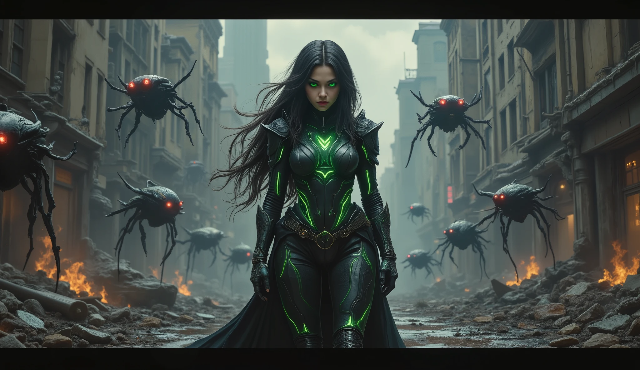 The hybrid protagonist stands alone amidst the ruins of a devastated city, surrounded by thousands of biomechanical alien drones. Her black hair with neon green highlights flows slightly in the wind, and her semi-scaled skin emits a faint green glow. Her glowing green eyes scan the horde of enemies, reflecting both determination and defiance. The drones have sleek insect-like designs with sharp appendages and glowing red eyes, creating an overwhelming sense of danger. The battlefield is littered with debris, burning vehicles, and the remnants of human resistance. Despite being outnumbered, the protagonist stands tall, ready to fight for humanity's survival.