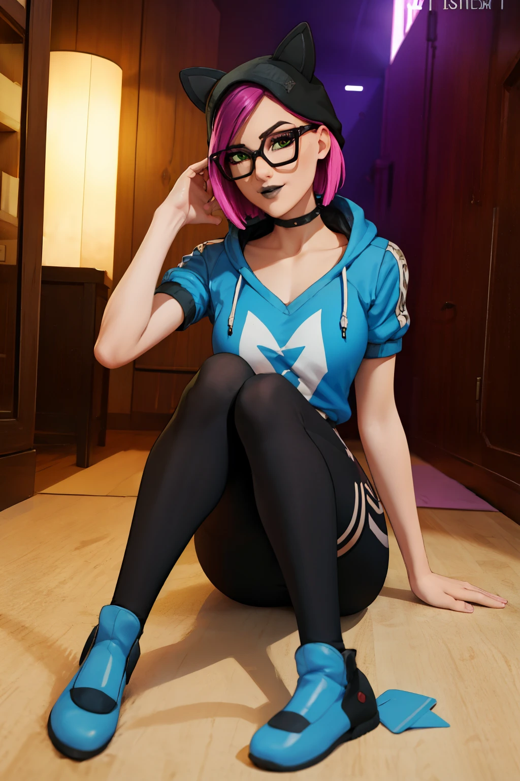 lince sentada en el borde de una ventana noche, leggins negro, gorra ,playera negra, chaqueta azul , feet ,Extremadamente detallado, rostro detallado, gafas ,hermoso rostro, ojos finos, mirando al espectador, pose femenino 