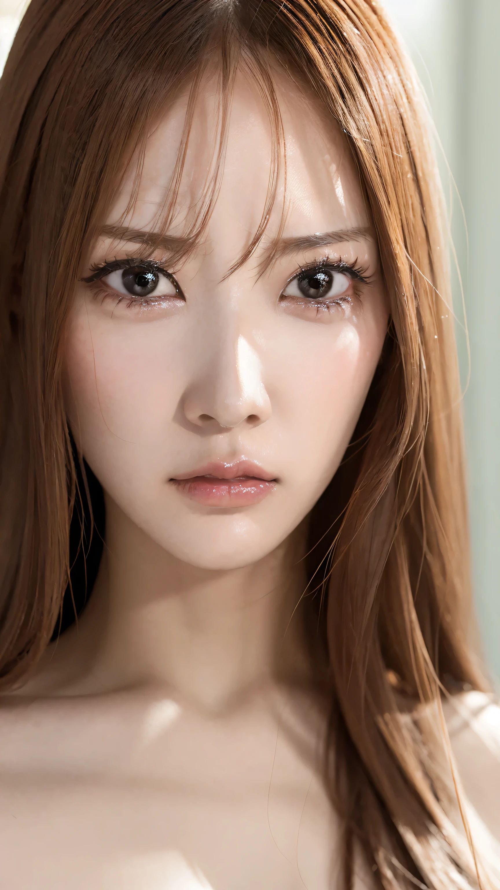 Face Zoom、 high quality close-up 、 face up from the front 、 VERY REALISTIC SKIN 、 Very good-looking woman 、 4 angry women 、 raising her eyebrows angrily 、 she's staring into our eyes 、 Very angry look 、 、 completely naked、 、I'm naked 。 . . The background is simple , raising her face from the front