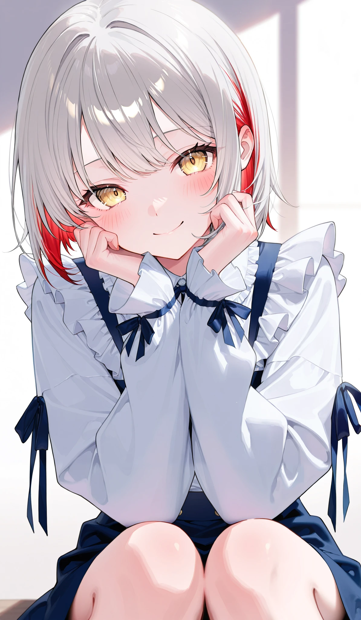 one girl、Gray Hair、Red inner color hair、 golden eyes、 Shortcut with Bangs、 frill、ribbon、Long sleeve clothes、indoor、sit、 smile、blush、 watching here、 Masterpiece、 top quality、