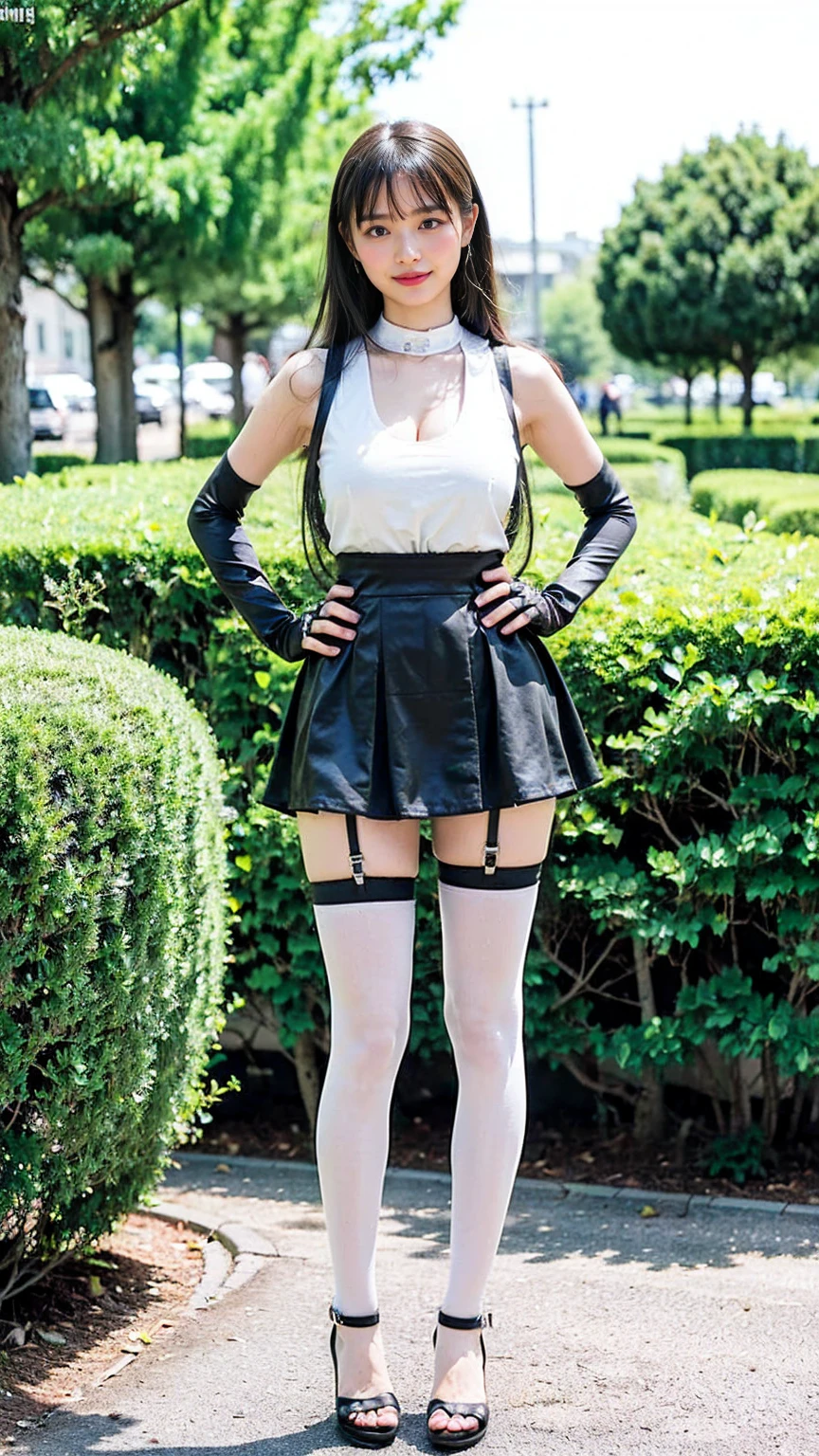 (8k、RAW Photos、Highest quality、masterpiece:1.2)、(Realistic、Realistic)、1 person、((black and white、Cleavage、tights、Gloves、Garter Ring、mini skirt、Thin legs、whole body、boots、View from the front、Looking into the camera、garden、Stand with hands on hips))、cute