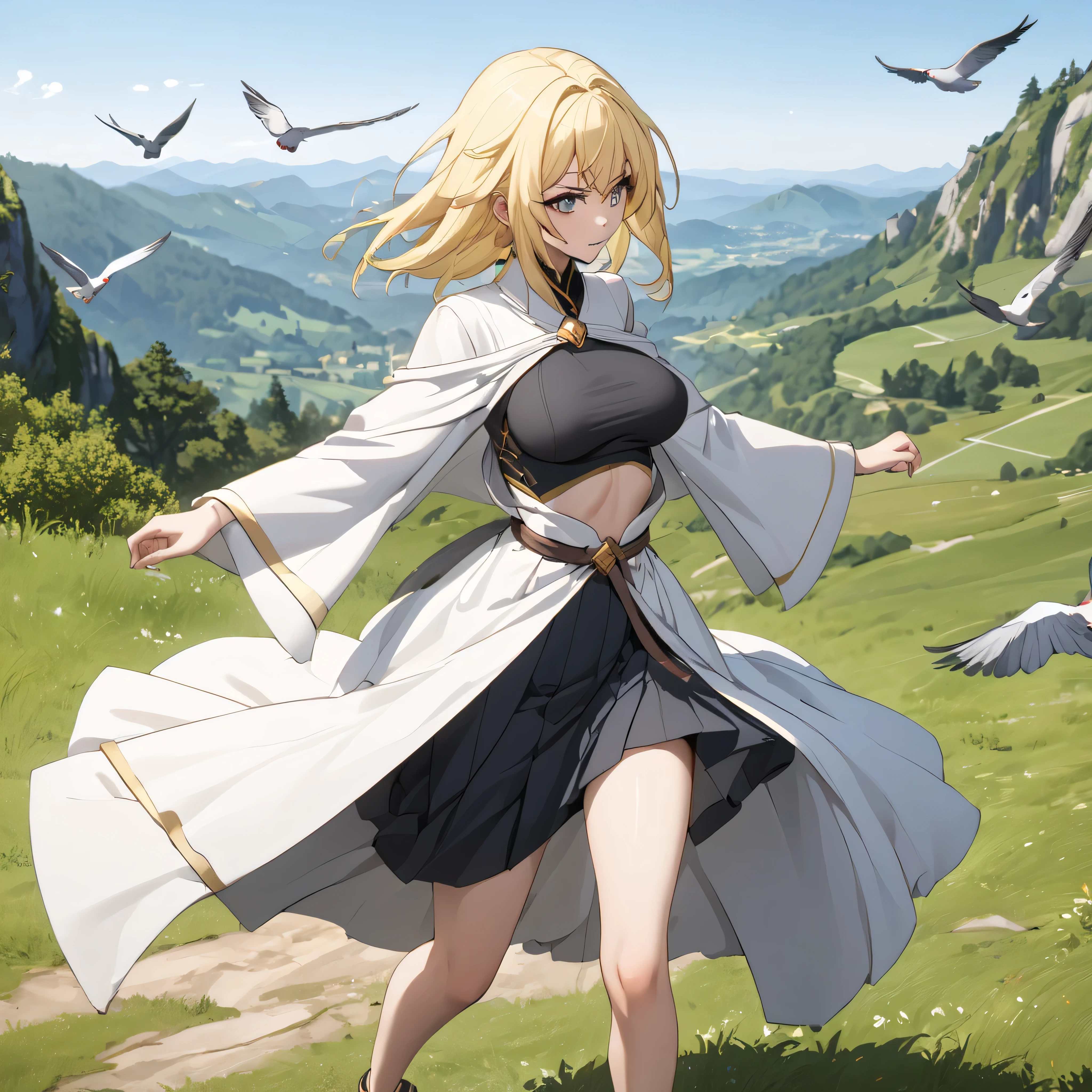 masterpiece, landscape, fantasy, pythoness, BREAK, solo, 1 skinny girl standing, arched back, bouncing large breasts, tiptoe, pigeon toed, BREAK, narrow shoulders, large breasts, too short torso, too short waist, too narrow waist, very small stomach, skinny hip, skinny thighs, skinny legs, BREAK, flapping robe, flapping long skirt