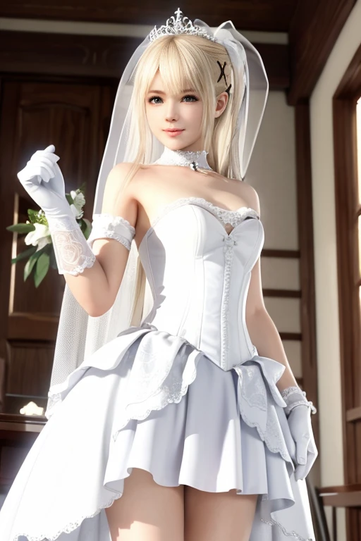 masterpiece, best quality, 1girl, <lora:tobiichi_origami_angel-000002:0.8>, tobiichi origami angel, blue eyes, solo, standing, crown, white hair, short hair, bangs, hair between eyes, white veil, looking at viewer, smile, bare shoulders, cleavage, small breasts, detached sleeves, elbow gloves, white bow, white bowtie, (white dress:1.2), white gloves, cowboy shot, white thighhighs, center opening,