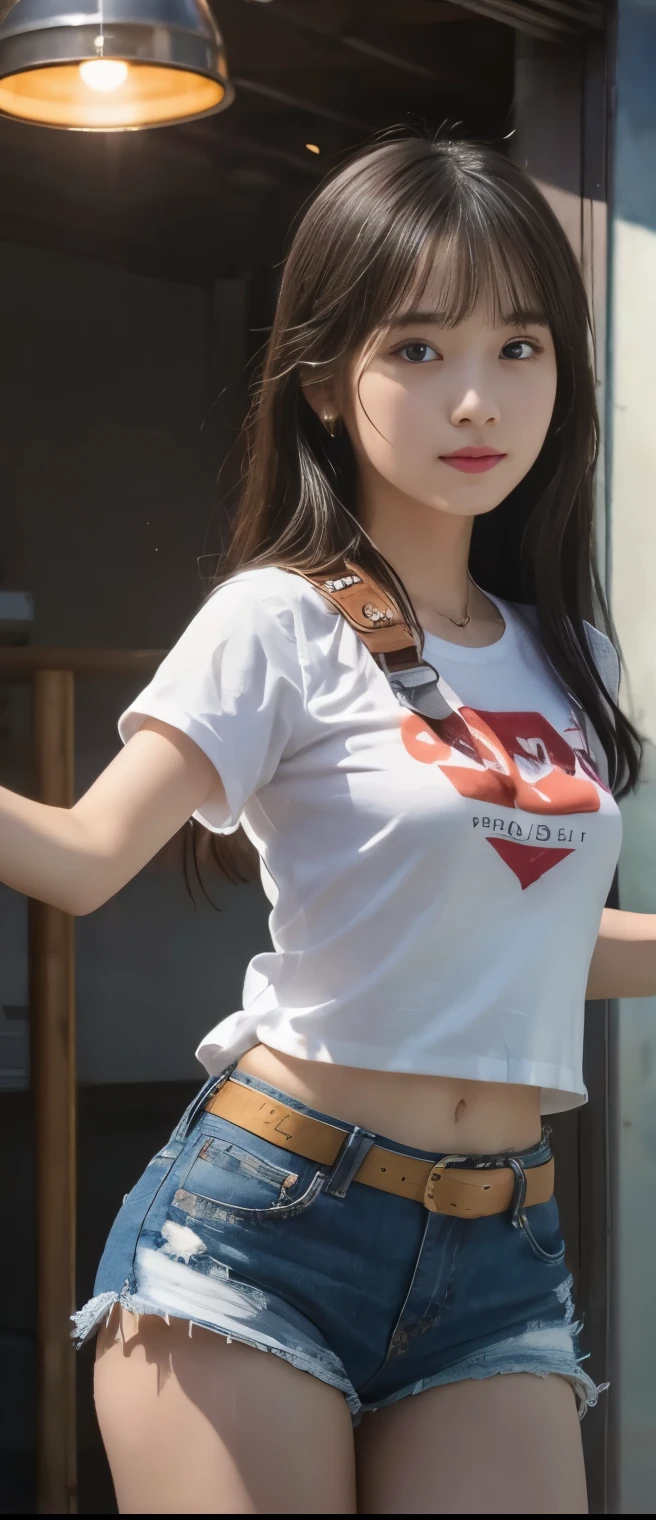 Pure Fire Idol Girl、A pure girl's face、 hypo、、 white shirt、 Wild Denim Shorts 、Fire Belt 、、Glowing Light Sphere