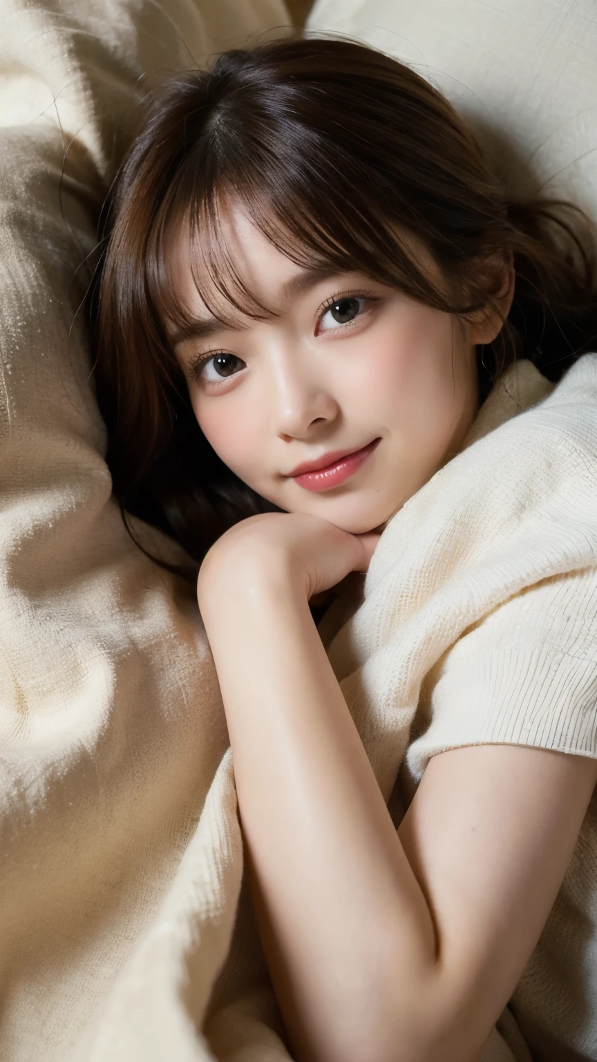 (8k、RAW Photos、Highest quality、masterpiece:1.2)、((Wink、Close one eye、smile、naked、Nipples、pubic hair))、(Realistic、Realistic)、1 girl、(naked、Old Japanese-style room、On the bed、Sleeping facing up、moonlight、night、smile))、cute