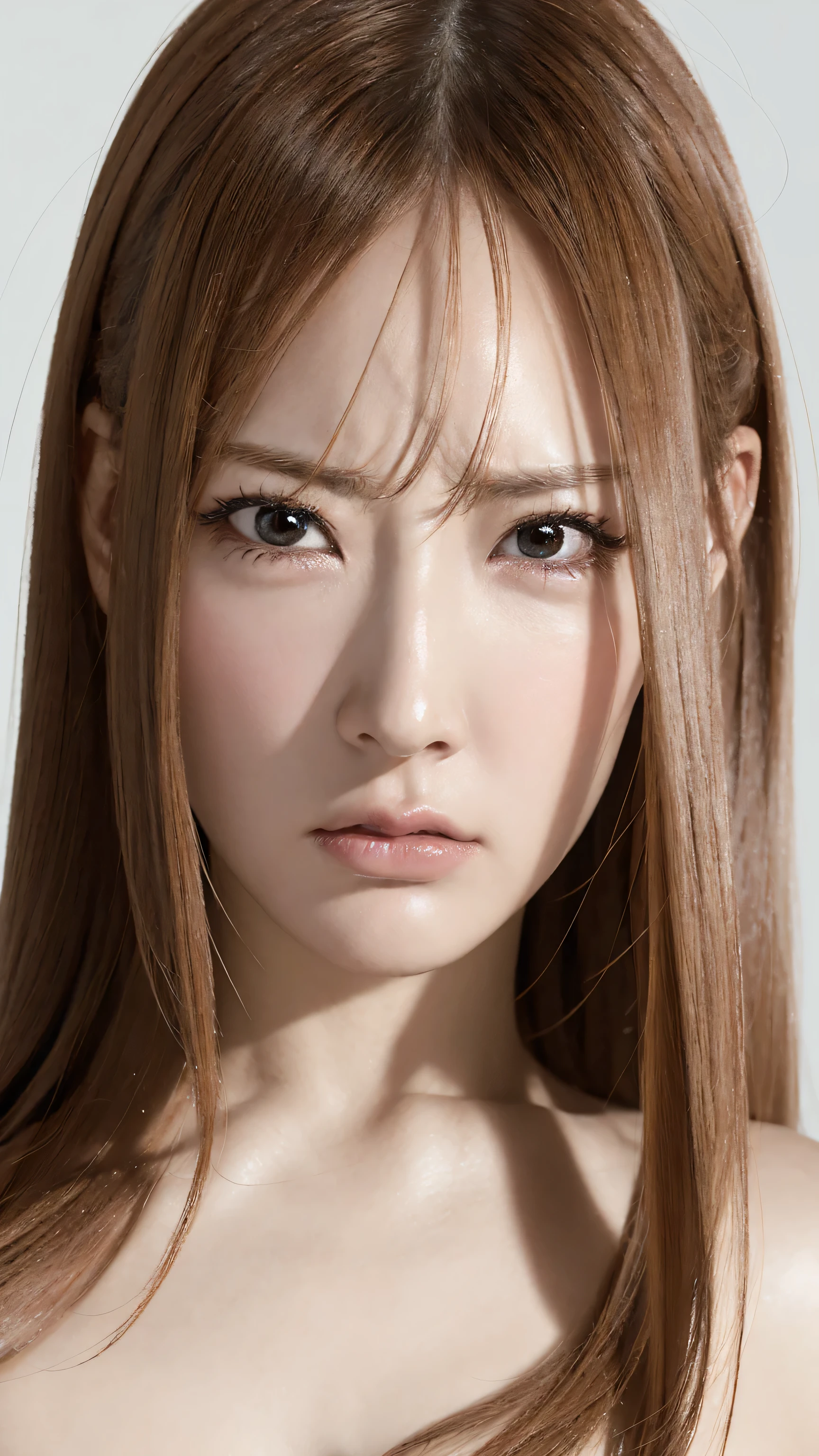 Cold Stare、Face zoom for the entire face、 high quality close-up 、 Face Up 、 VERY REALISTIC SKIN 、 Very Well-Faced Woman 、 4 angry women 、 An angry raised eyebrow 、 She's staring into our eyes 、 Very angry look 、 、 completely naked、 、I'm naked 。 . . The background is simple , face up from the front